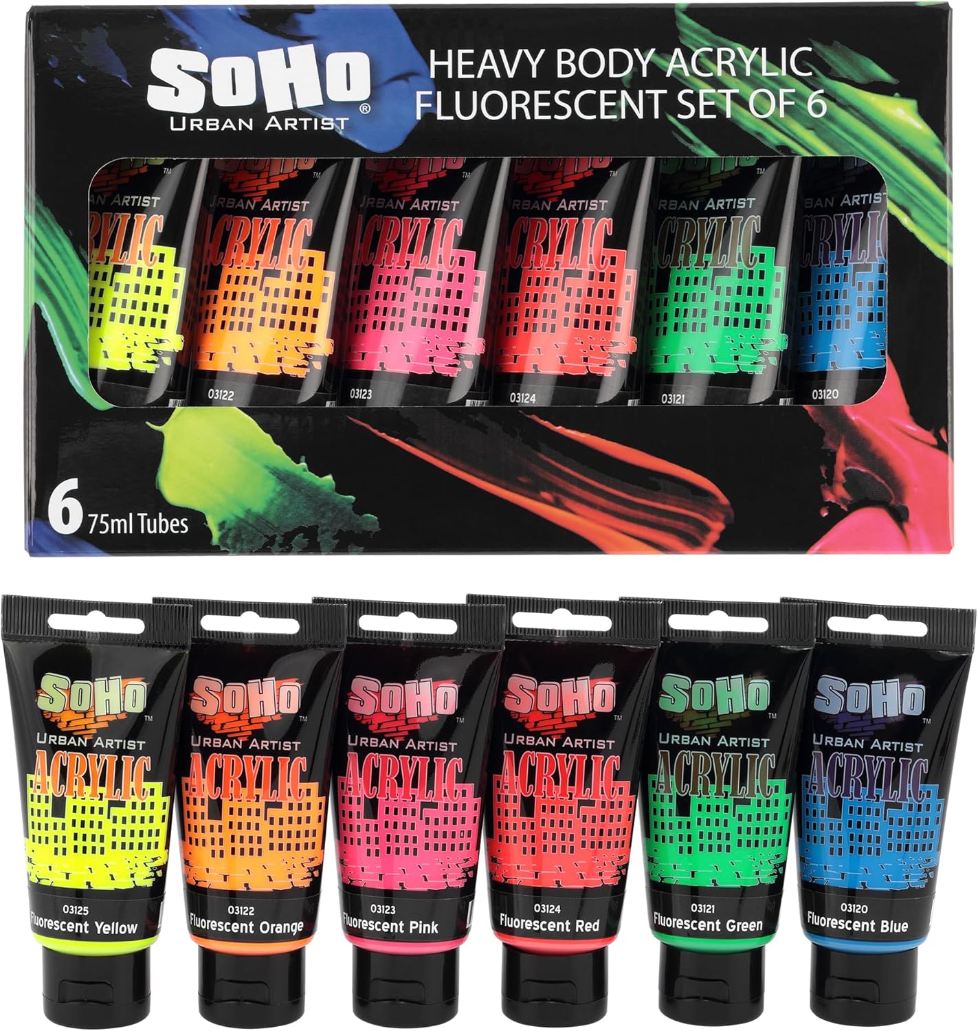 Soho Urban Artist Heavy Body Acrylic Paint - Set of 6-75mL - Fluorescent - Thick, Rich Color, Excellent Coverage, Professional Quality - Artists Acrylic Paint