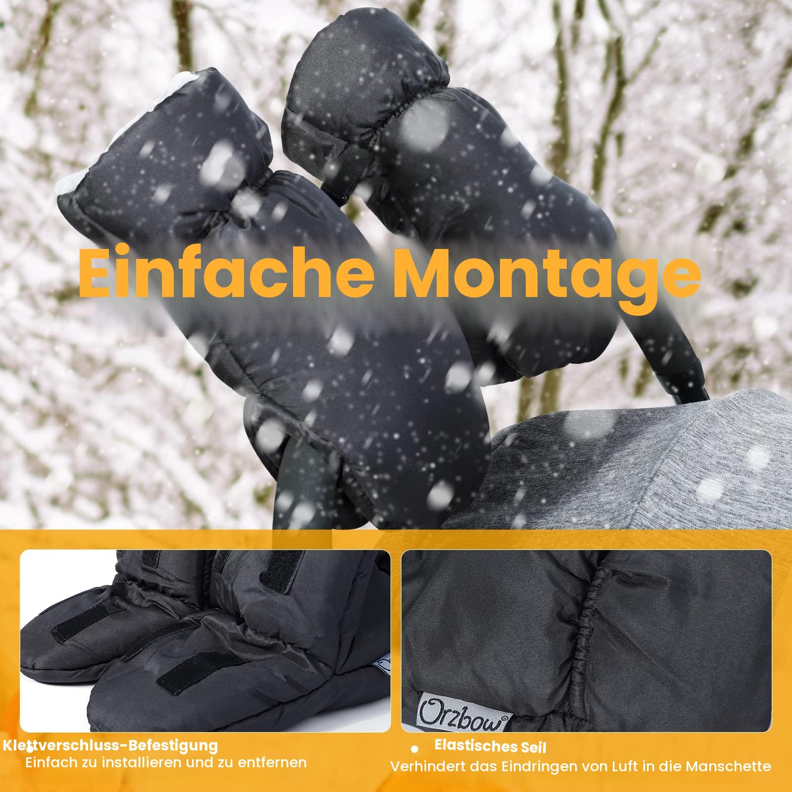 Orzbow Handwärmer Kinderwagen Handwärmer, Wasserdicht Handschuhe Kinderwagen Muff mit Korallenvlies Innenseite, Universal Extra Dicke Handmuff für Kinderwagen, Buggy und Kinderwagen Zubehör, Schwarz