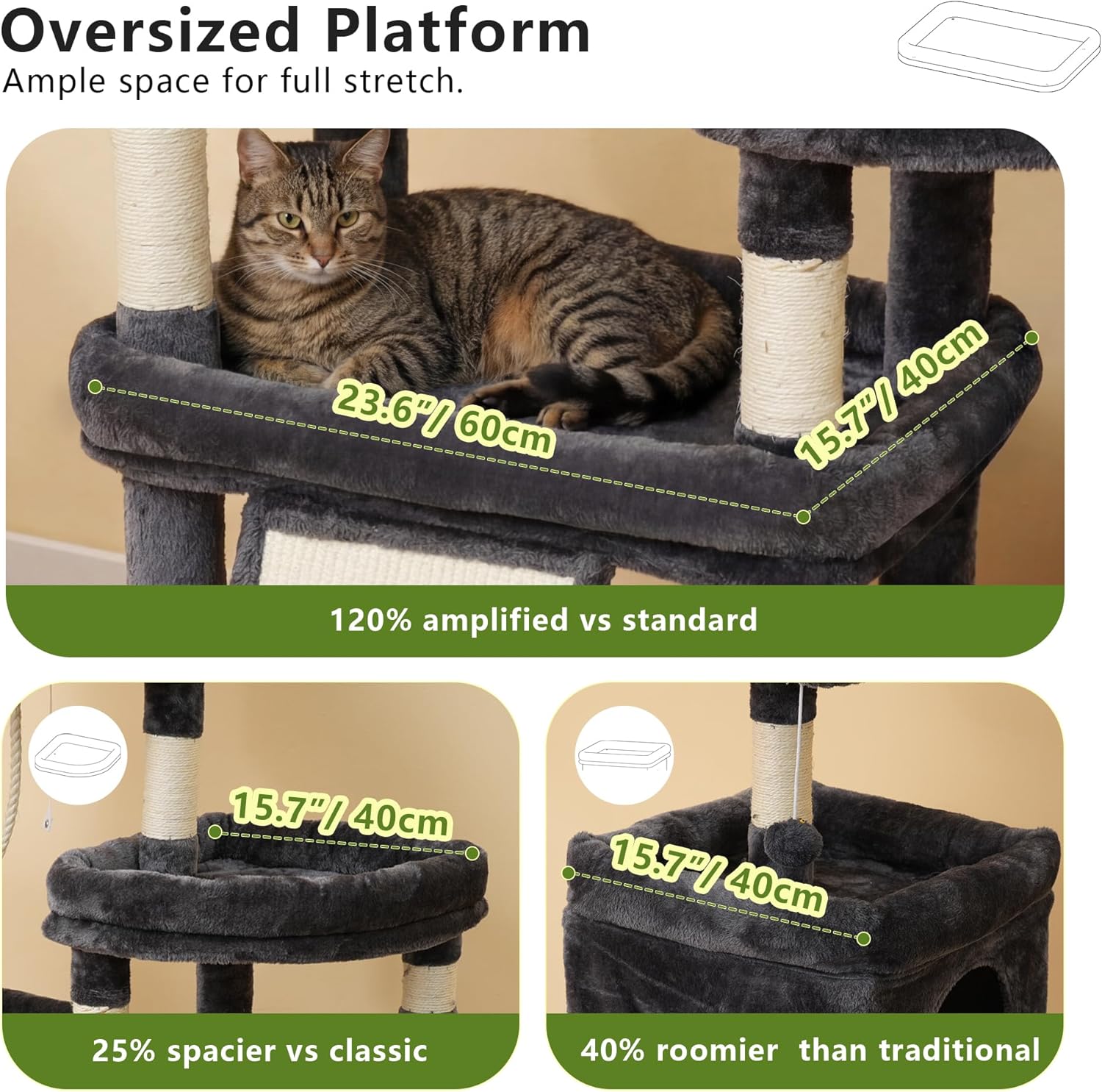 Heybly Cat Tree, 72.4-Inch Anti-Tip Cat Tower for Large Cats, All-in-One Cat Furniture with Spacious Perches, Multiple Interactive Areas, Extra-Large Sisal Scratching Board, Smoky Gray HCT060G