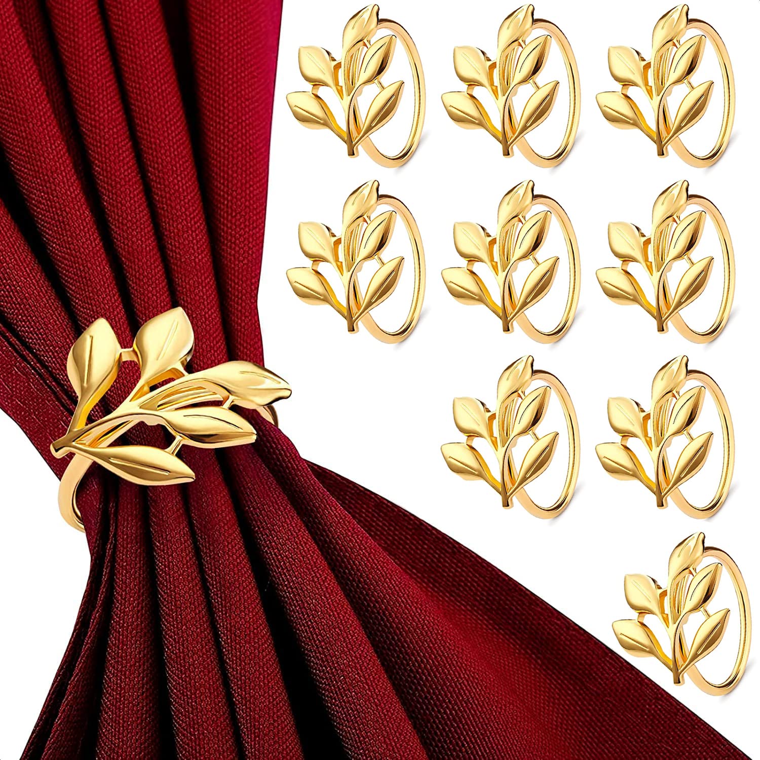 Sweet seven 10 Pcs Gold Leaf Napkin Rings, Leaf Napkin Rings for Elegant Wedding and Dinner Decorations, Gold Fall Napkin Rings Perfect for Autumn, Easter, and Fiesta-themed Parties