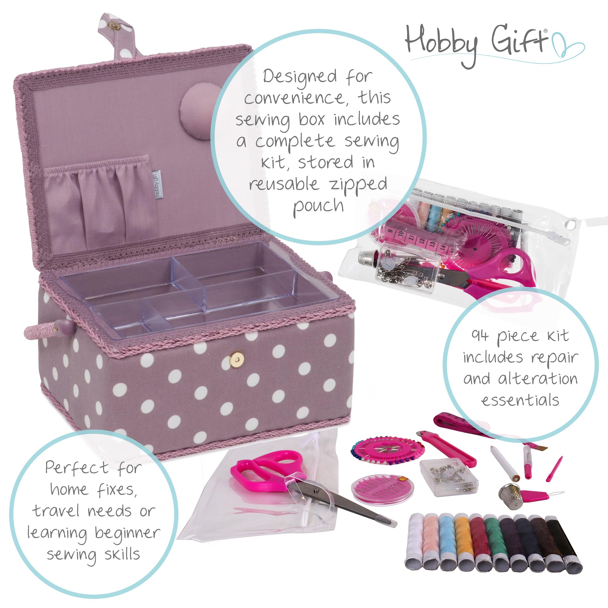 Hobby Gift Exclusiva caja de almacenamiento precargada para manualidades con kit de costura de 94 piezas incluido, punto malva, mediano, MRM121F