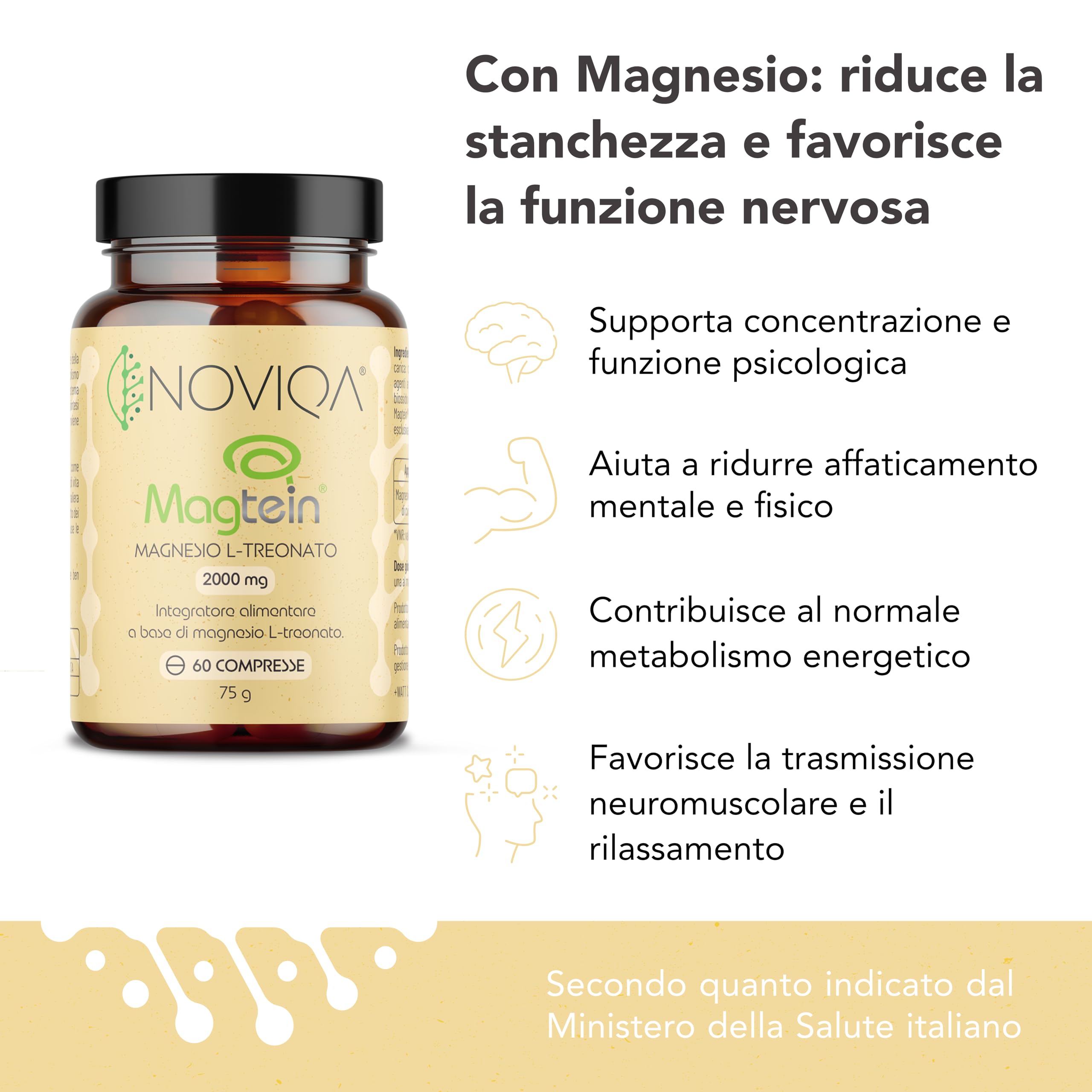 NOVIQA Magnesio L-Treonato Magtein® 2000 mg, 60 Compresse, Integratore Magtein Magnesio Treonato Puro ad Alta Biodisponibilità, Concentrazione, Memoria, Riduzione Stanchezza Mentale, Vegan