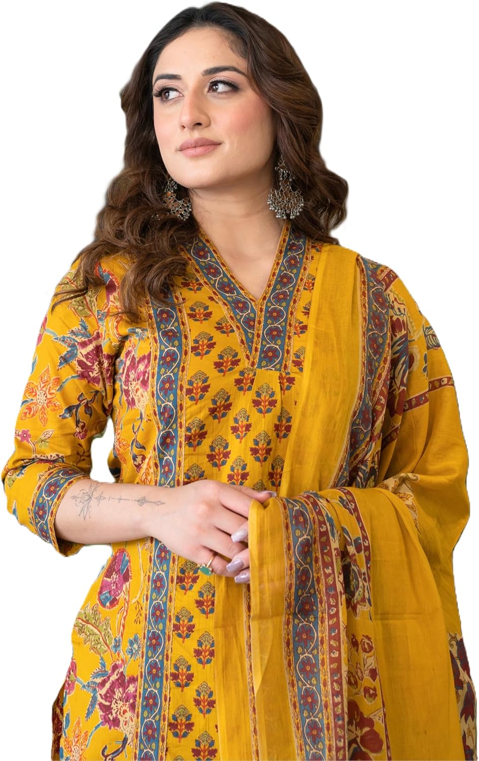 Arayna Women's Pure Cotton Block Printed Ethnic Wear Kurta Set with Palazzo Pants & Dupatta, Mustard Yellow