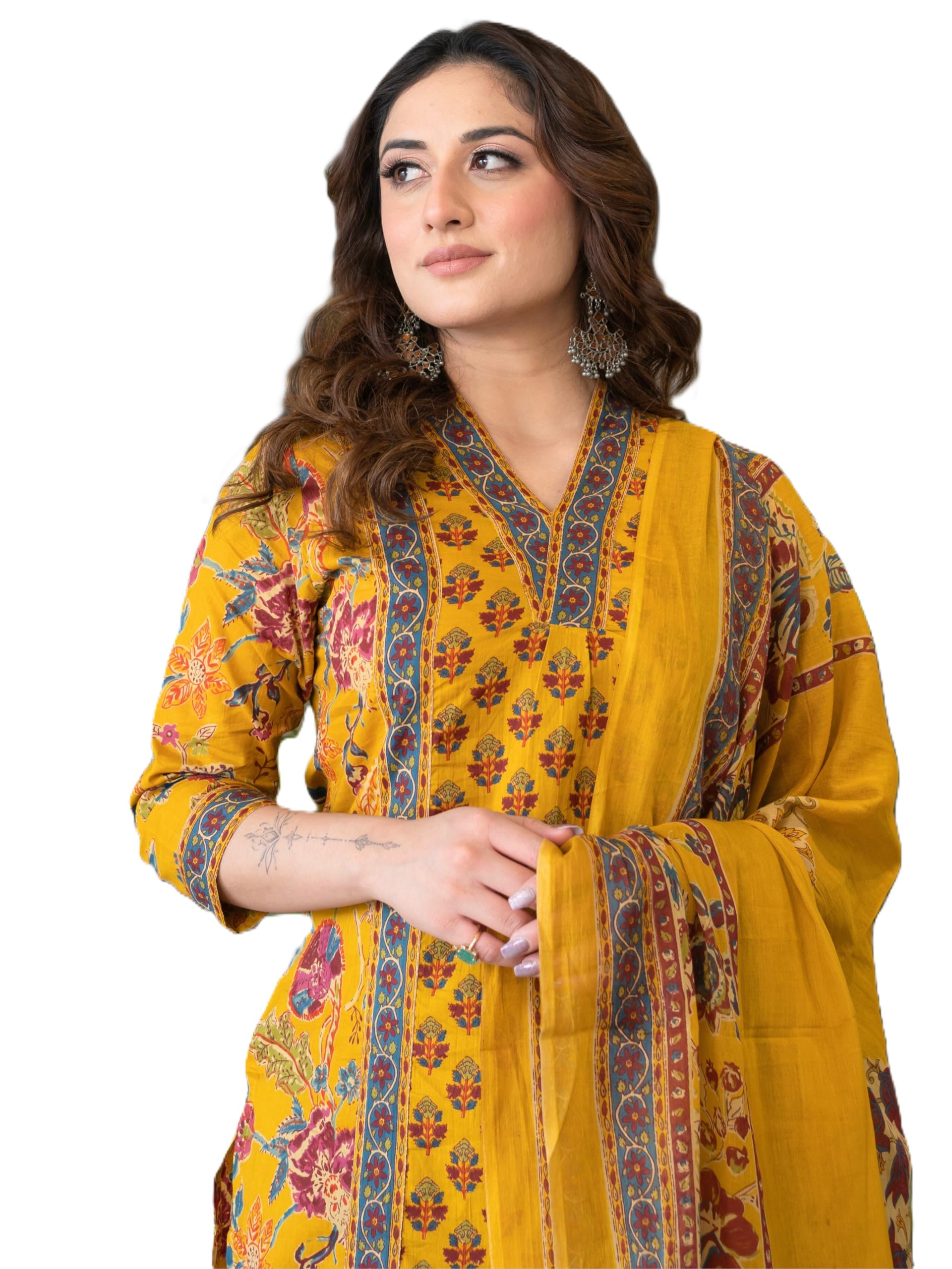 Women's Pure Cotton Block Printed Ethnic Wear Kurta Set with Palazzo Pants & Dupatta, Mustard Yellow