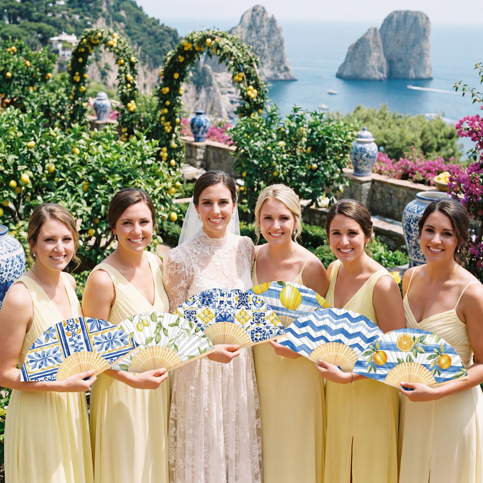 Roowest Amalfi Coast Capri Positano Lemon Faltbarer Handfächer Großpackung Sommer Mediterran Partyzubehör Faltbare Zitronenmuster Handfächer für Babyparty, Hochzeit, Geburtstag, Dekorationen