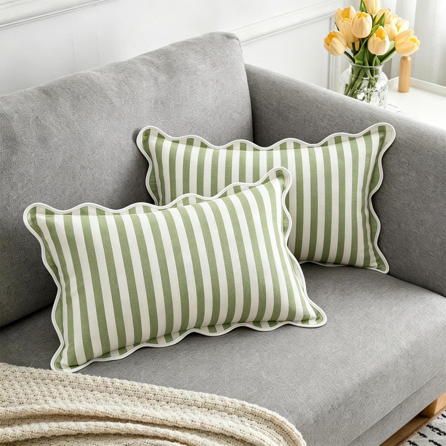 Scalloped Throw Pillow Covers Stripe (Green & White, 12x20 Inch)