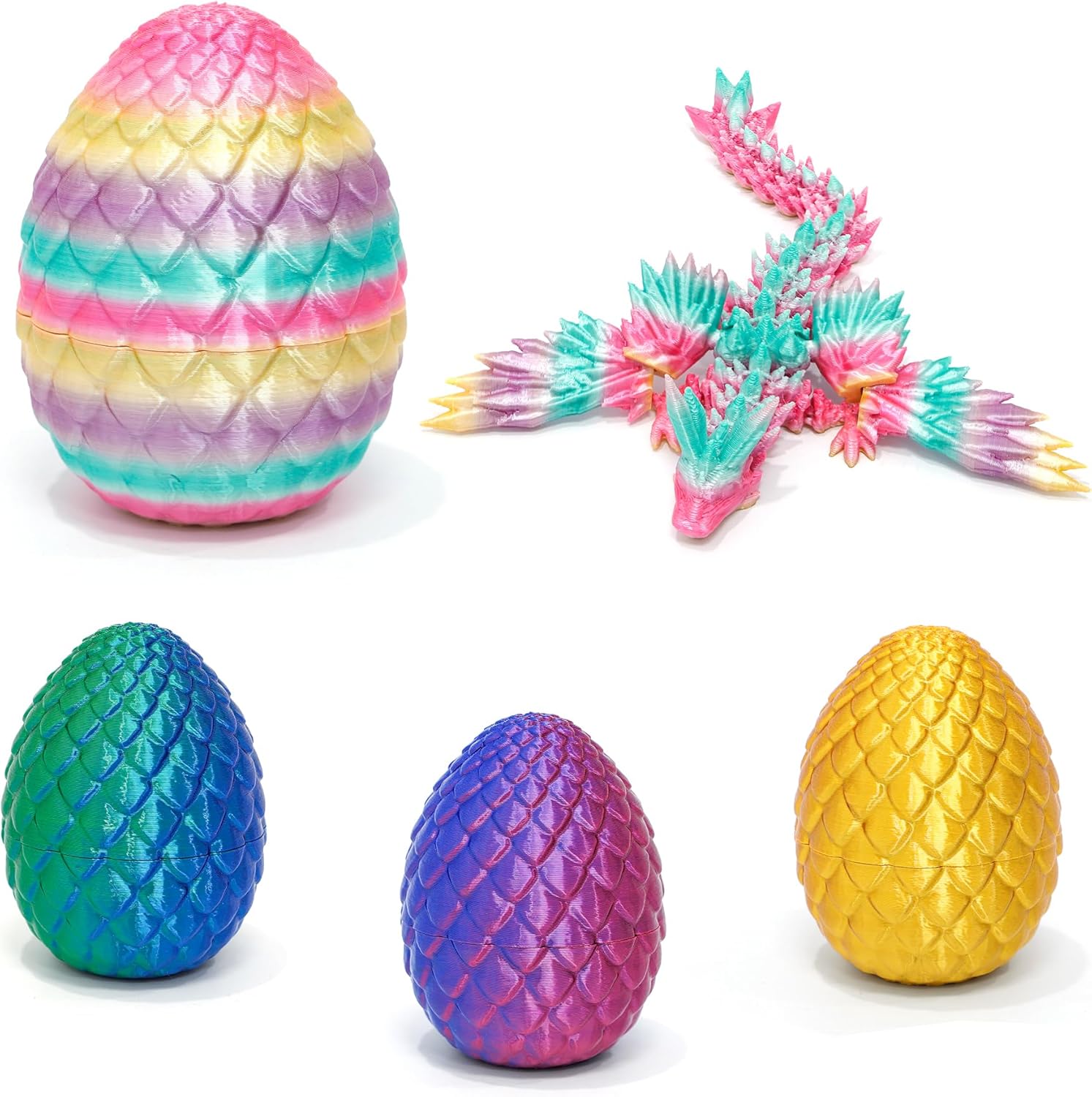 4 Pack 3D Printed Dragon Egg - Easter Basket Stuffers, Small Egg with Wings Dragon Inside, 3D Printed Fidget Toys, Surprise Toys for Gift, Desk Executive Pet