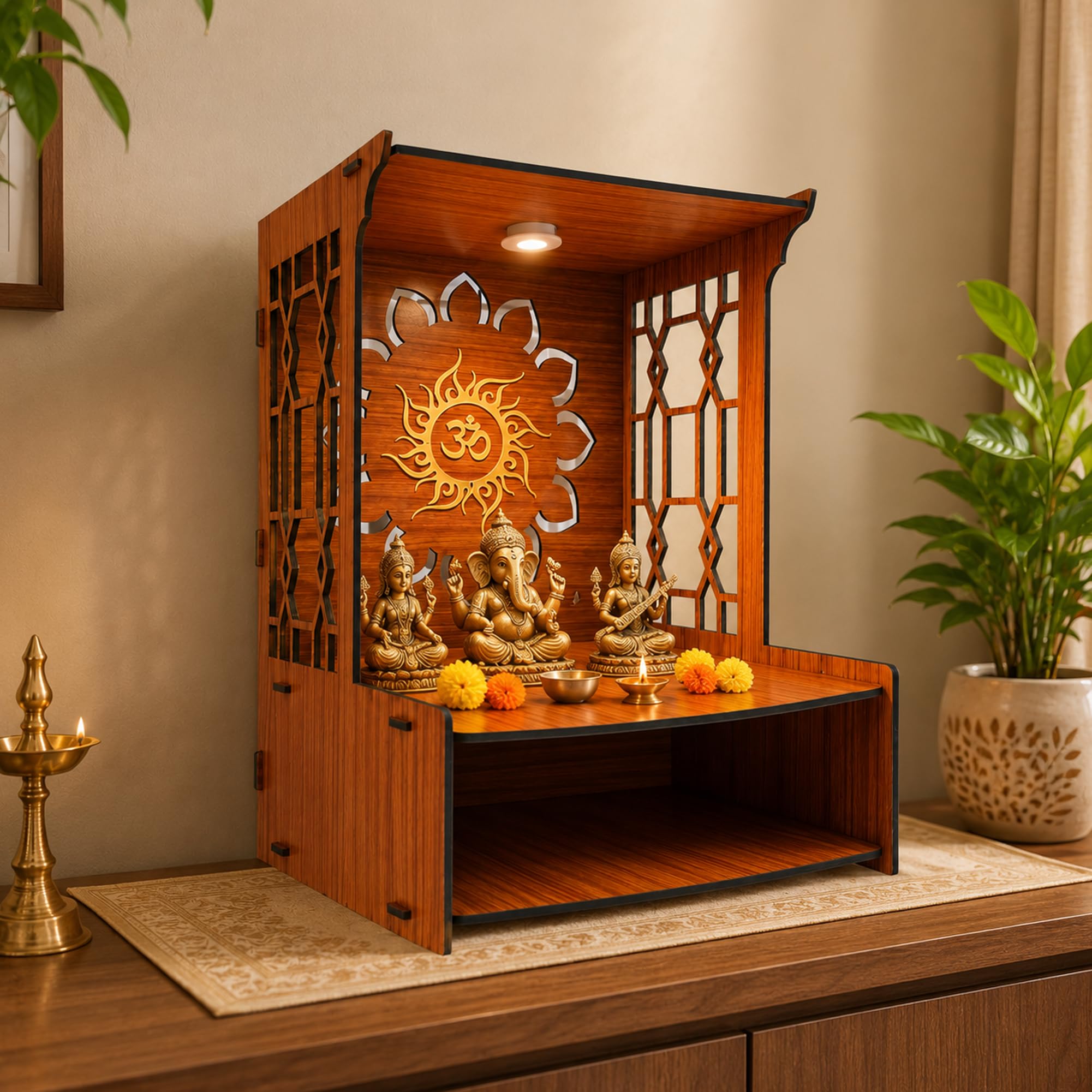 Hindu Hand Crafted Wooden Puja Mandir with Drawer Religious Home Decor Wood Art and Craft Temple for Home/Office (Wooden Finish)-image-24