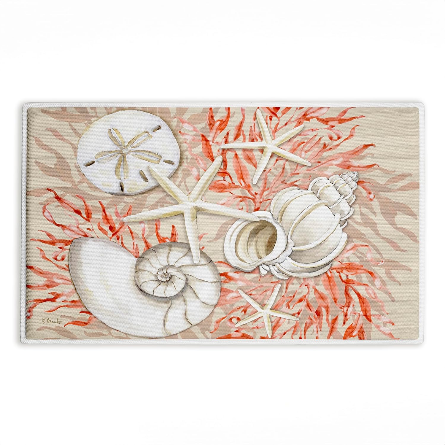 Stupell Industries Coral & White Shells Plush Bathroom Mat & Bath Rug, Soft Quick-Dry Non-Slip Bathroom Rug with Recycled Foam Cushion, Coastal Nautical Shell Design by Paul Brent, 18"x30"