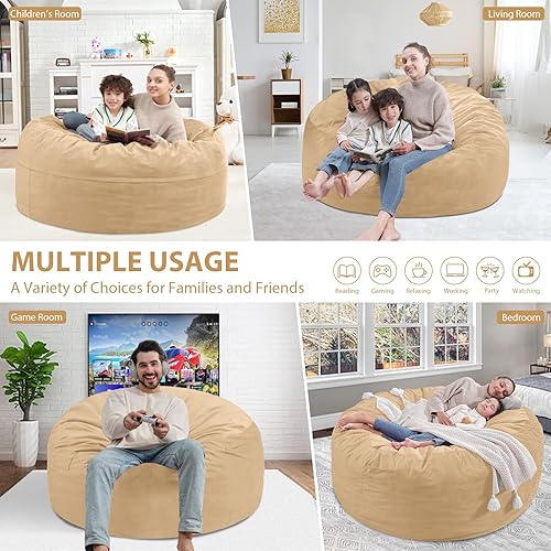 Miniatura 376 de Puf de 5 pies, puf grande con relleno de espuma viscoelástica, sofá puff esponjoso con funda de terciopelo holandés, puf redondo para sala de estar,