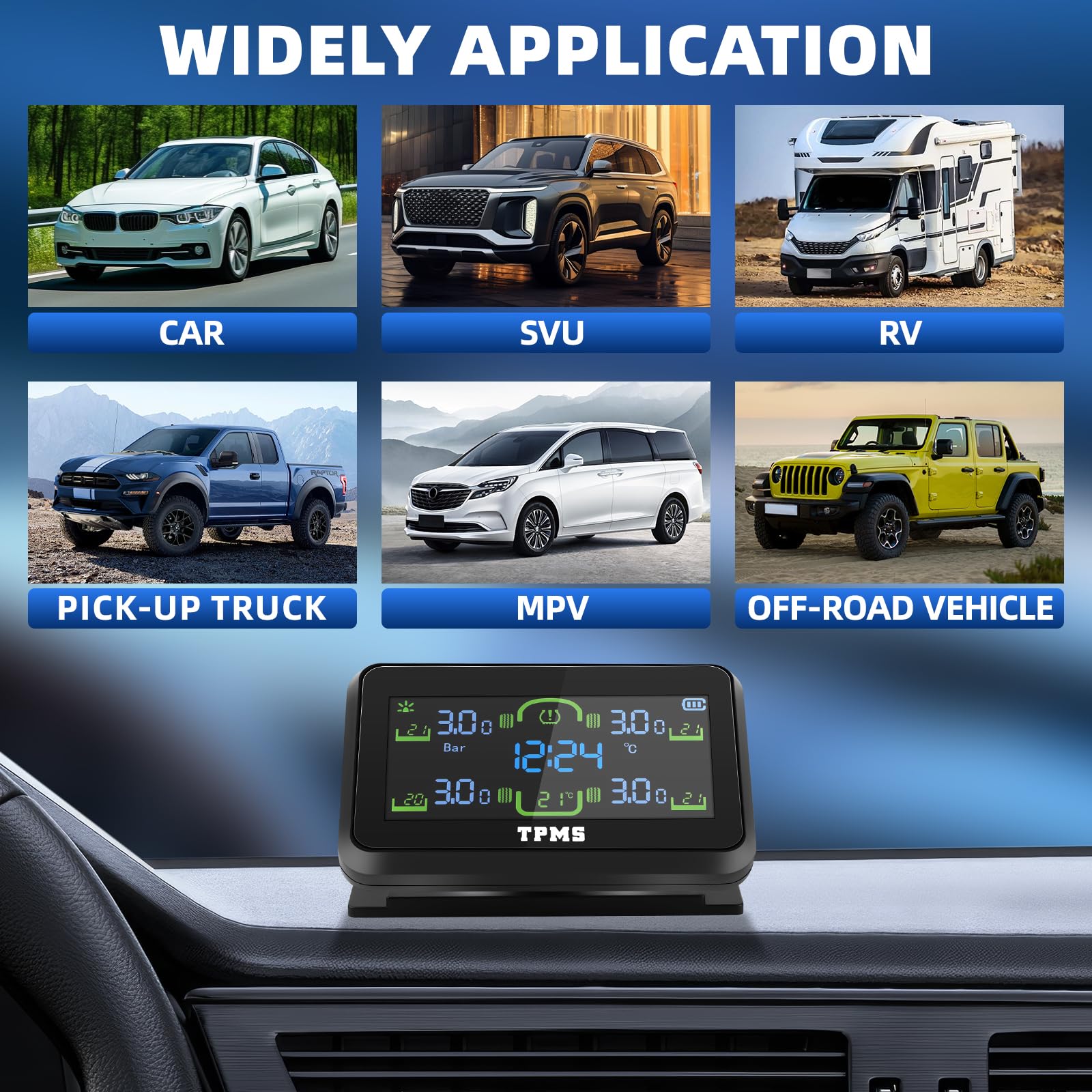 TPMS di Monitoraggio della Pressione dei Pneumatici Staccabile Ricarica Solare Wireless Sistema di Monitoraggio con Allarme, 4 Sensori, 22-87Psi Display Dell'ora per Camper Van Auto | 4 sensori di pressione degli pneumatici impermeabili, 5 allarmi,Autovet