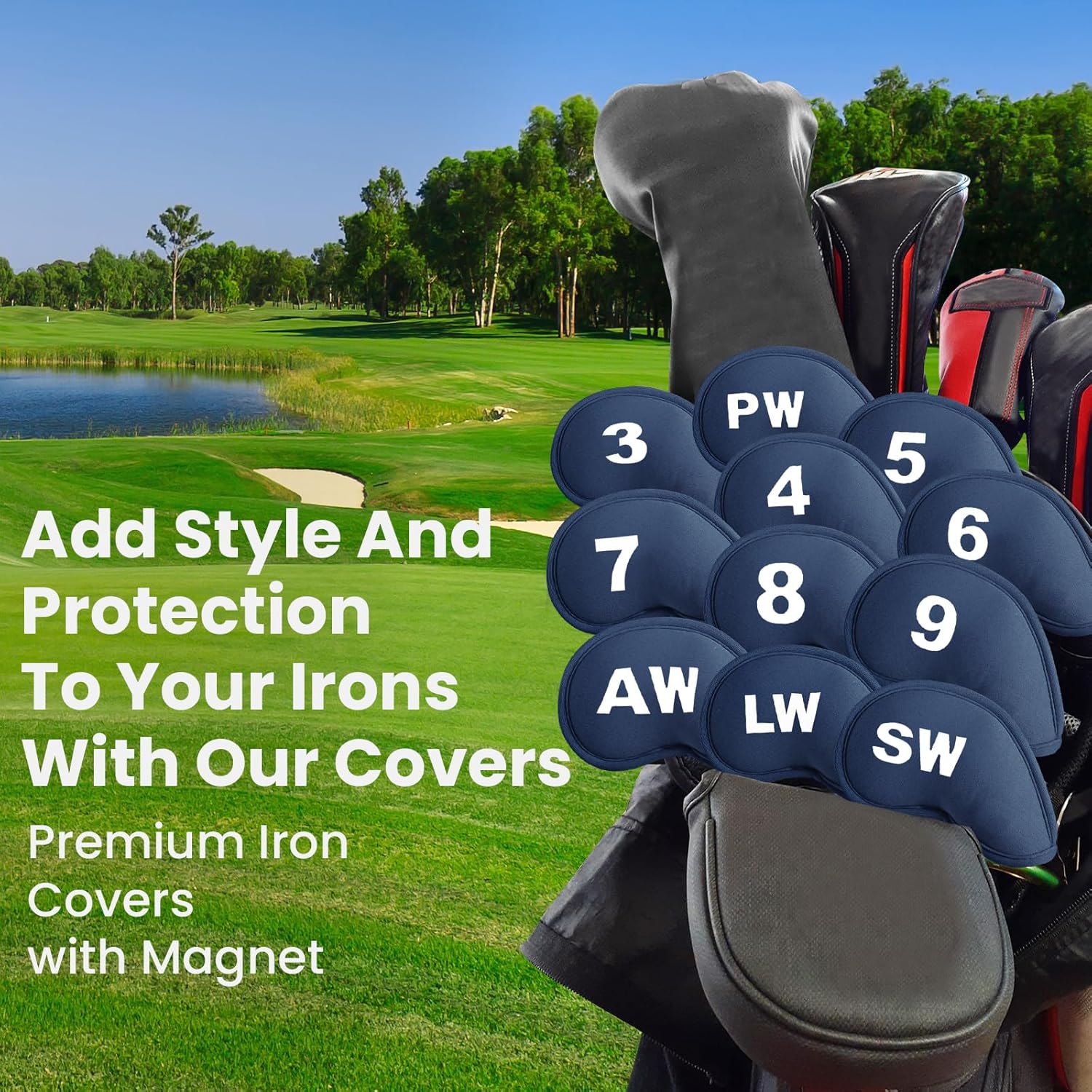 Golf Iron Head Covers Magnetic Soft Protection Printed Numbers Value Set, Durable Neoprene Headcover for Irons, Lightweight in Blue Black Pink for Men Women
