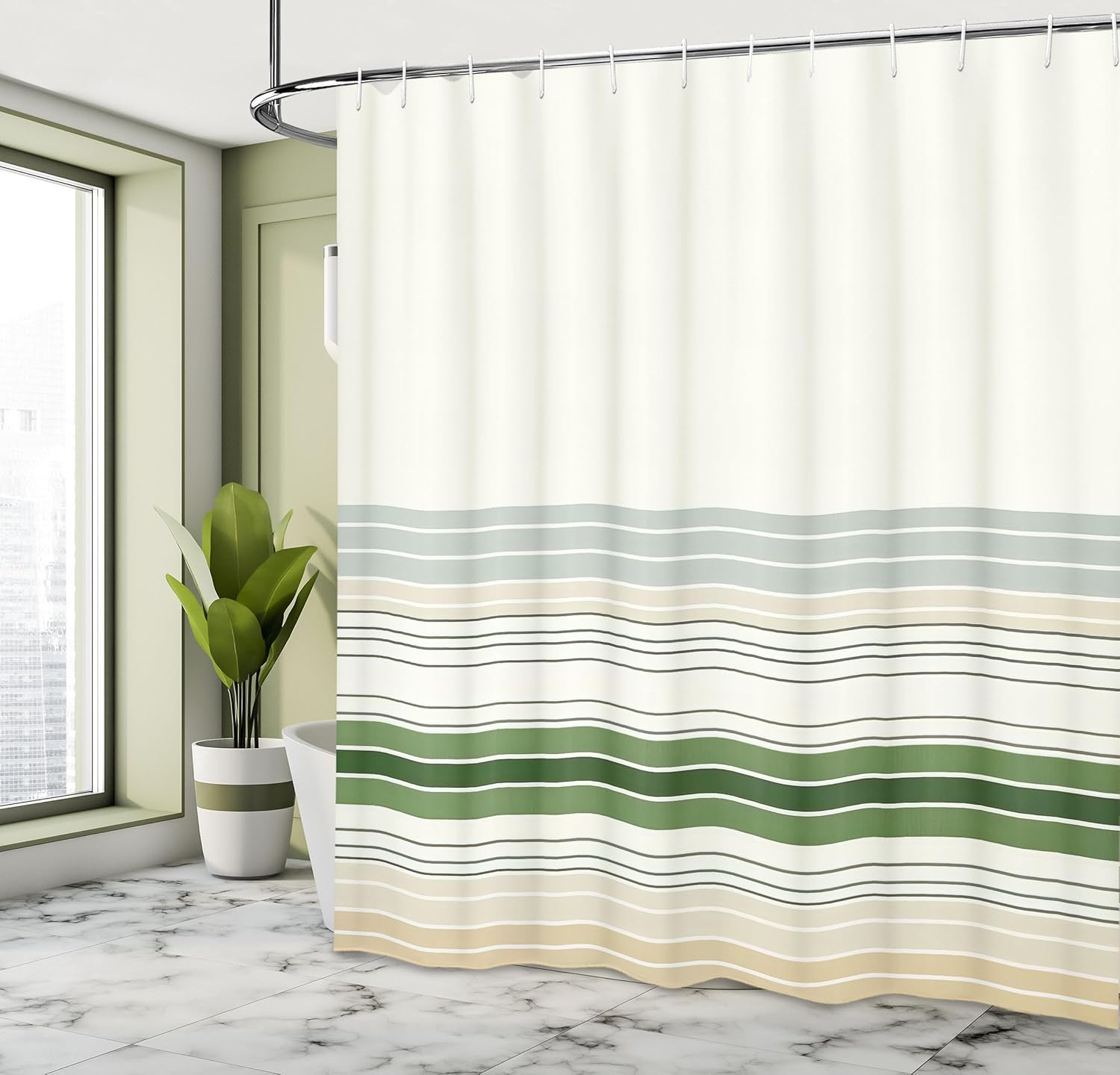 Ambesonne Boho Shower Curtain, Abstract Bohemian Aura Designed Modern Minimalist Stripes on Creamy Backdrop, Cloth Fabric Bathroom Decor Set with Hooks, 69" W x 70" L, Eggshell Olive Green