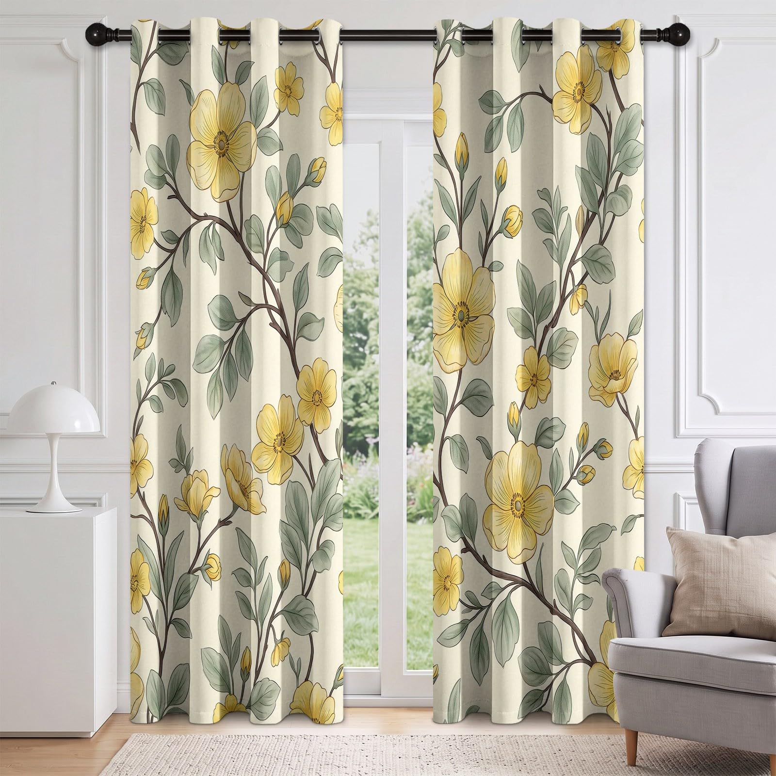 Botaniczne kwiatowe zasłony zaciemniające do sypialni, 2 panele szer. 117 x dł. 137 cm, kwiatowe zielone liście, zasłony zaciemniające do salonu, zasłony z oczkami, izolacja termiczna, dźwiękoszczelne