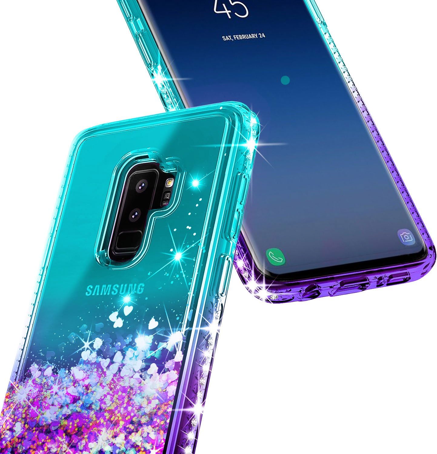 Galaxy S9 Plus Case, NageBee Glitter Liquid Floating Sparkle Bling Waterfall Diamond Cute Phone Case for Samsung Galaxy S9+ Plus with Screen Protector (3D PET Full Coverage) -Aqua & Purple