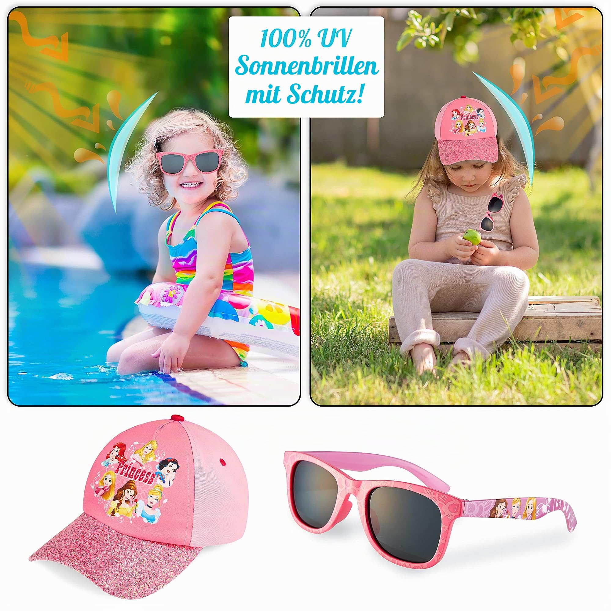 Disney Basecap Kinder Mädchen, Sonnenhut Kinder und Sonnenbrille Set, Prinzessinnen Kappe Mädchen ab 3 Jahren, Einheitsgröße