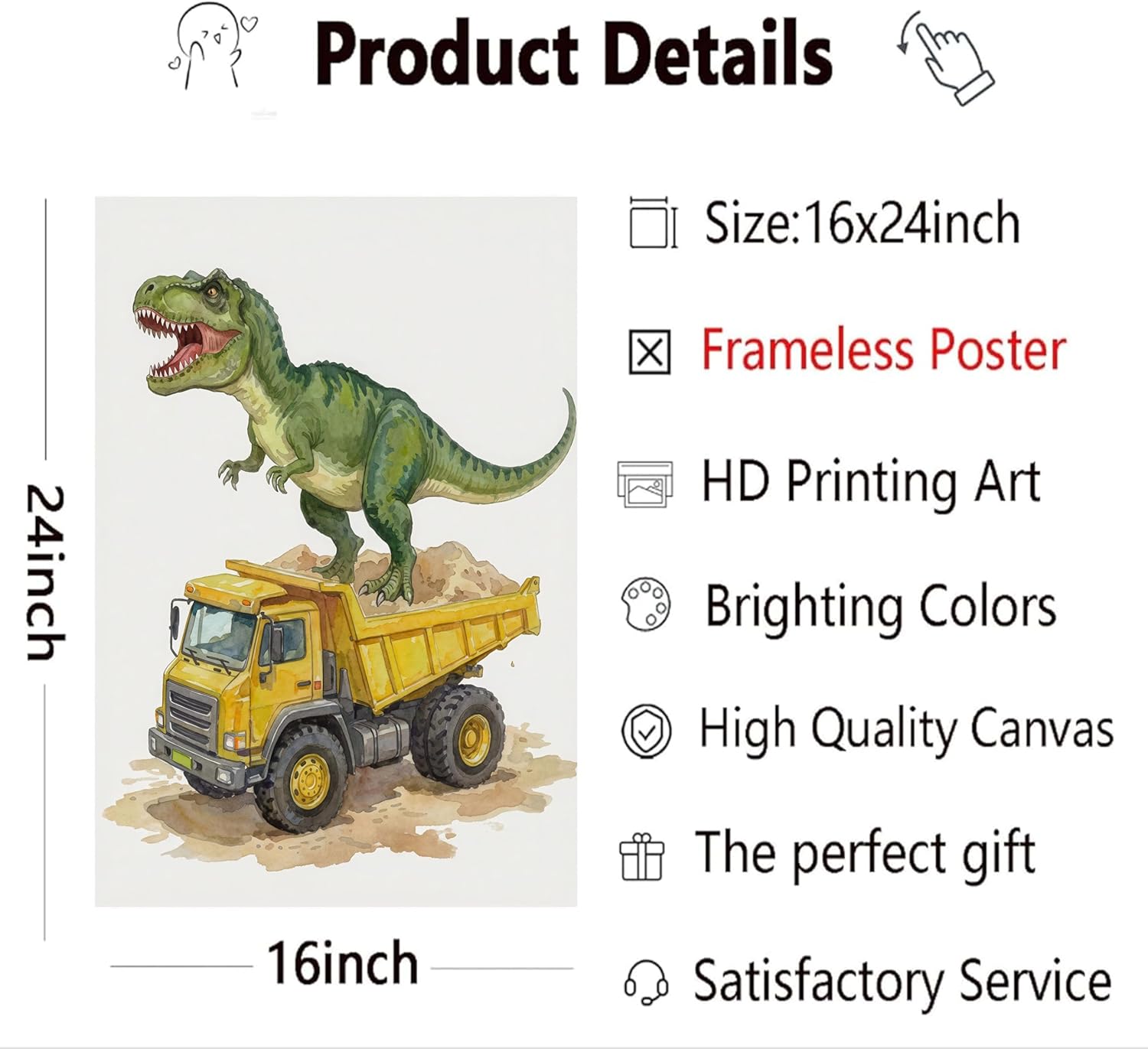 3Pcs Nursery Cute Dinosaur Canvas Wall Art Construction Trucks and T-Rex Painting Picture Kids Boys Room Wall Decor Funny Dino Vehicles Poster Prints Artwork for Playroom Toddler Room Bedroom Unframed
