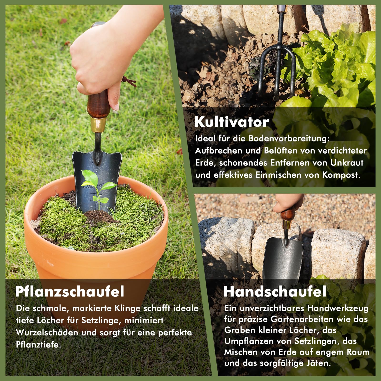 RESTMO 3-teiliges Gartengeräte-Set, Gartenwerkzeuge aus Kohlenstoffstahl mit Holzgriff, inklusive Gartenschaufel, Pflanzkelle und Gartenkralle, Geschenk für Gartenliebhaber