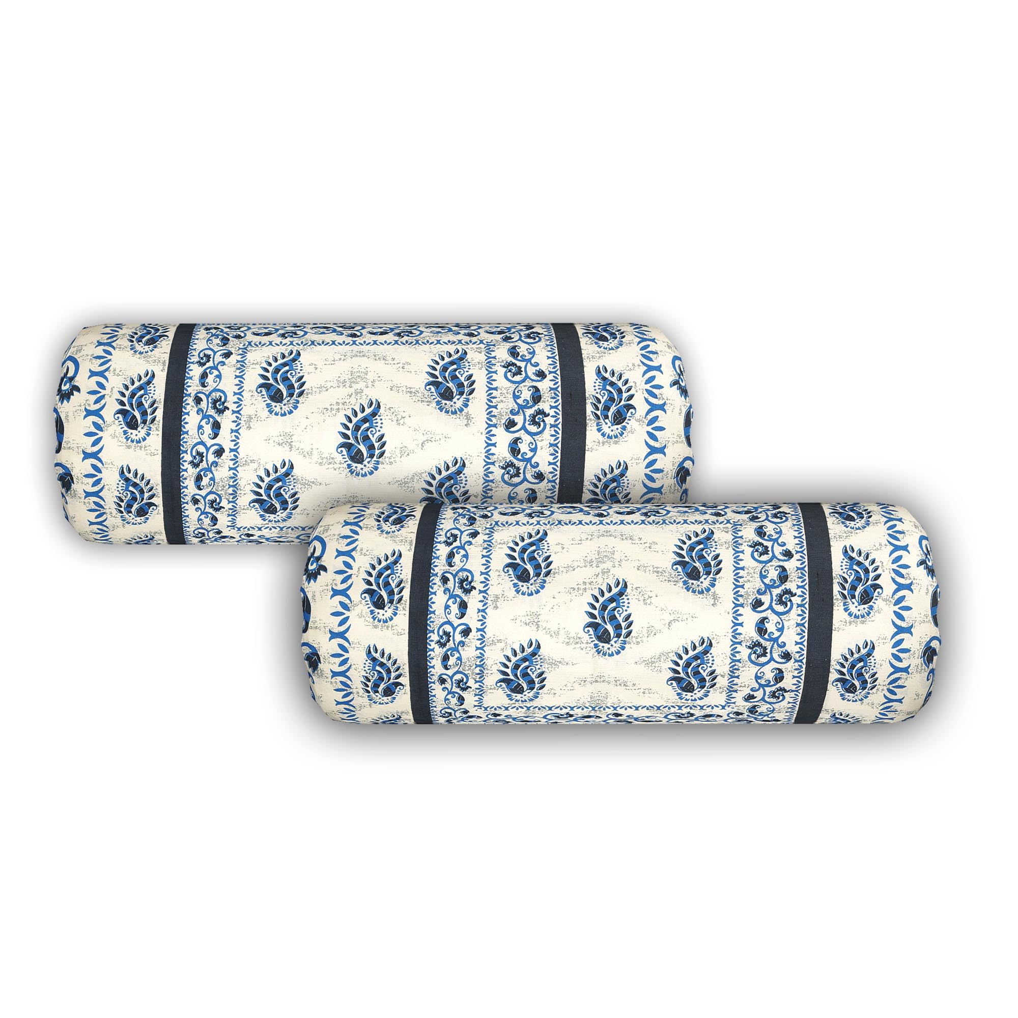 Bolster Cover Cotton Set of 2 Size | Round Decorative Pillow Cover for Diwan & Bedside | Masand Pillowcases 144 TC (Blue White)-image-49