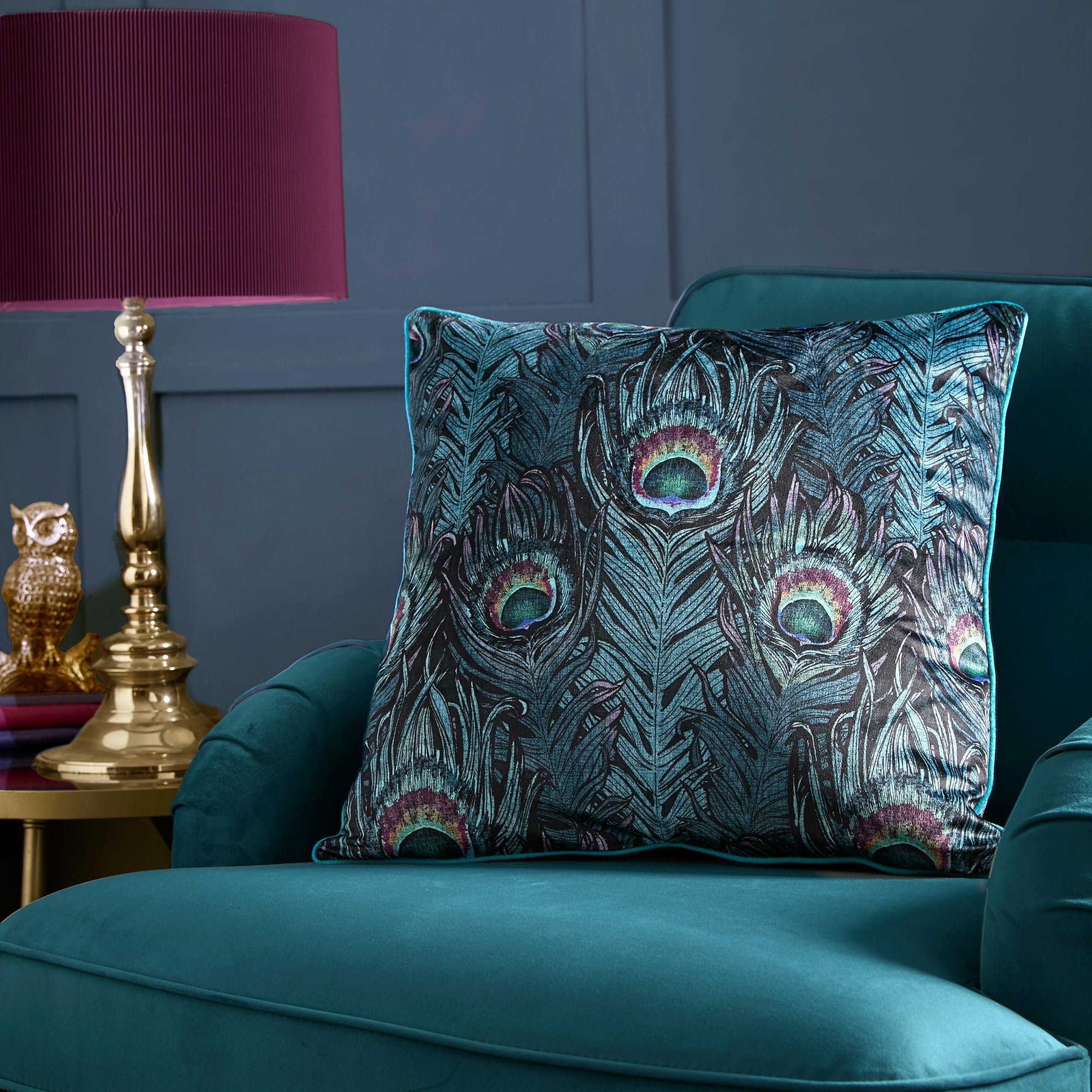 Teal Peacock Cushion 55x55cm – Laurence Llewelyn-Bowen Jacquard Design – Reversible – Piped Edge – Feather Print – Luxury Filled Cushion for Sofa or Bed