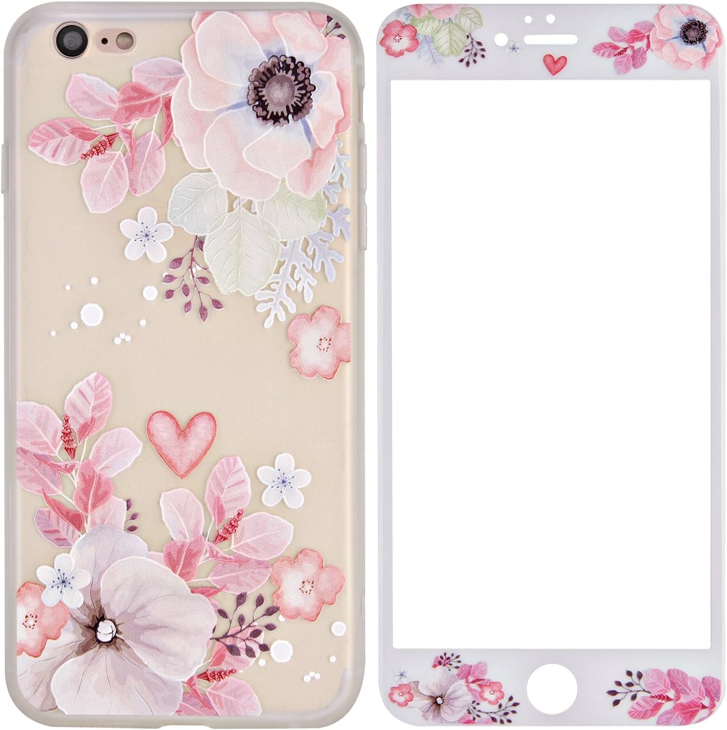 ZXK COiPhone 7 Case with Tempered Glass Screen Protector, iPhone 8 Cover Silicone with Floral Pattern, Shockproof Full Protective Phone Cases Cover for Apple iPhone 7/8 4.7"/Heart Shaped Flower