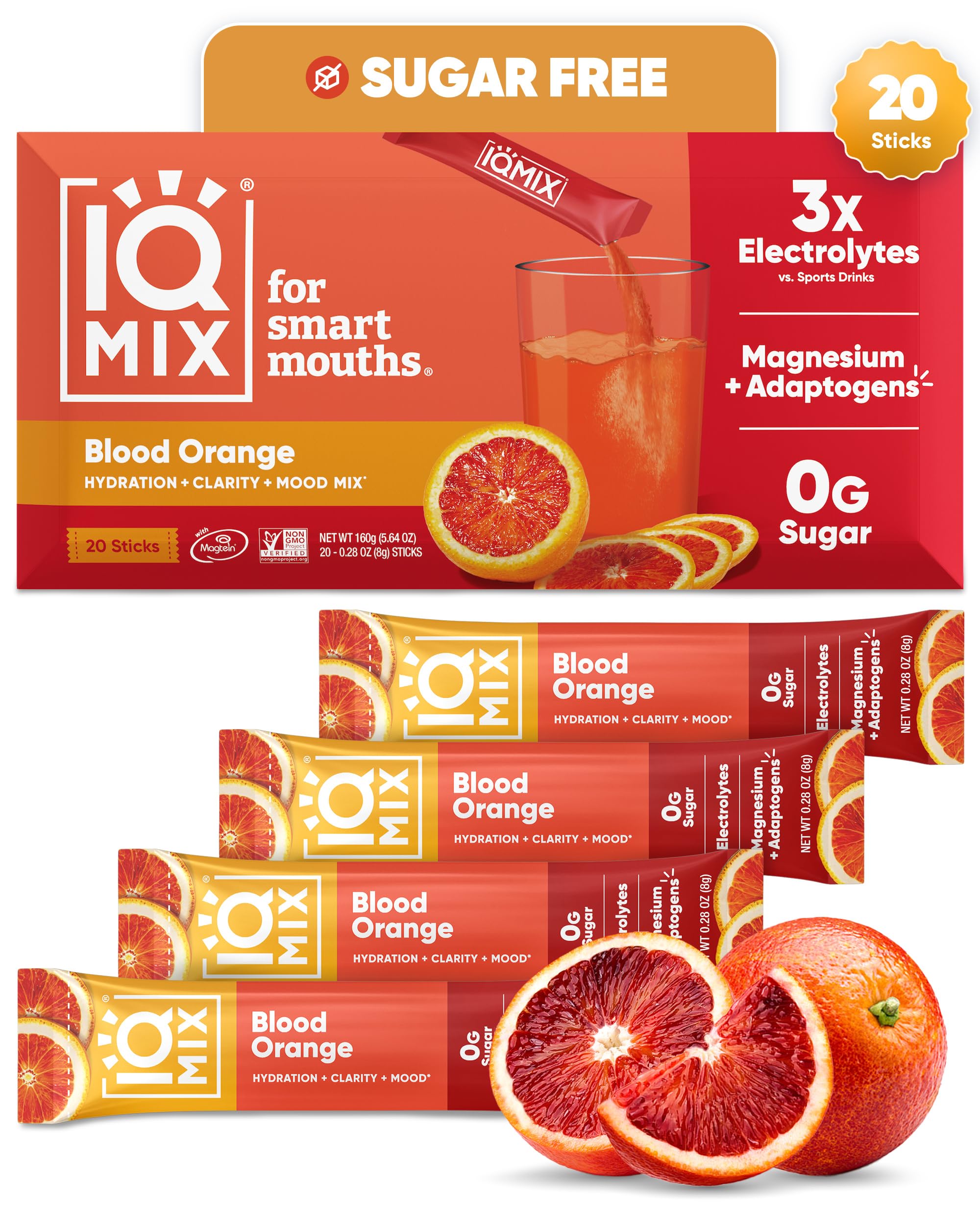 IQMIX Hydration Electrolyte Powder – 4-σε-1 Formula for Hydration, Mental Clarity, Mood and Recovery – Μείγμα ποτού χωρίς ζάχαρη, Κέτο, Μαγνήσιο L-Θρεονικό, Μάνε του Λέοντος – 20 Count Blood Orange