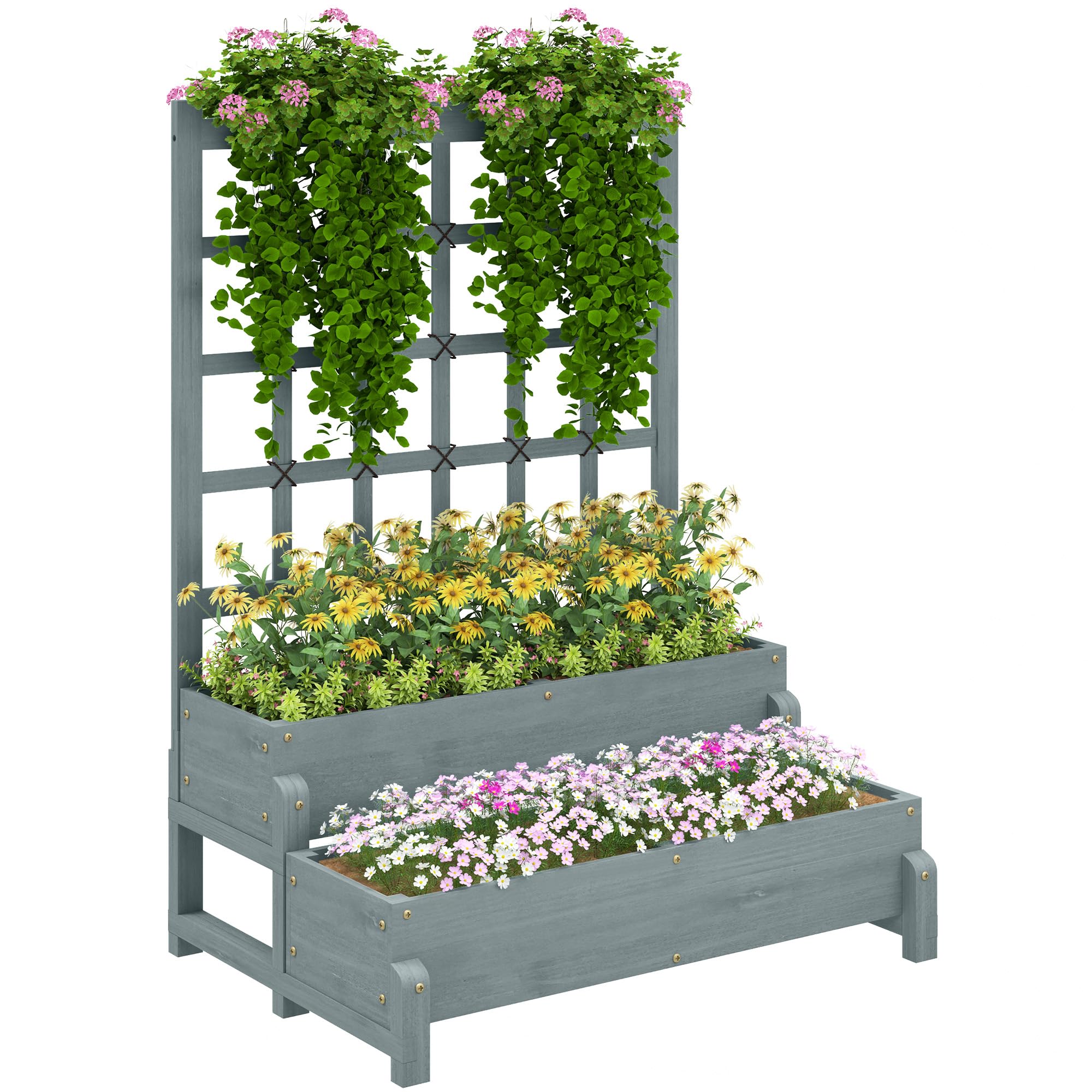 B&Q -  2-Tier Wooden Raised Bed With Trellis And Drainage HolesGrey