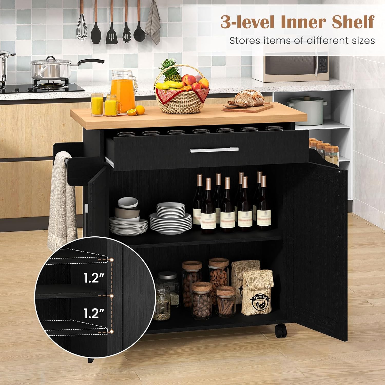 Giantex Kitchen Island, Rolling Kitchen Cart with Spice and Towel Rack, Large Drawer & 2-Door Storage Cabinet, Home Service Cart on Lockable Wheels, Wood Kitchen Trolley, Spacious Tabletop (Black)