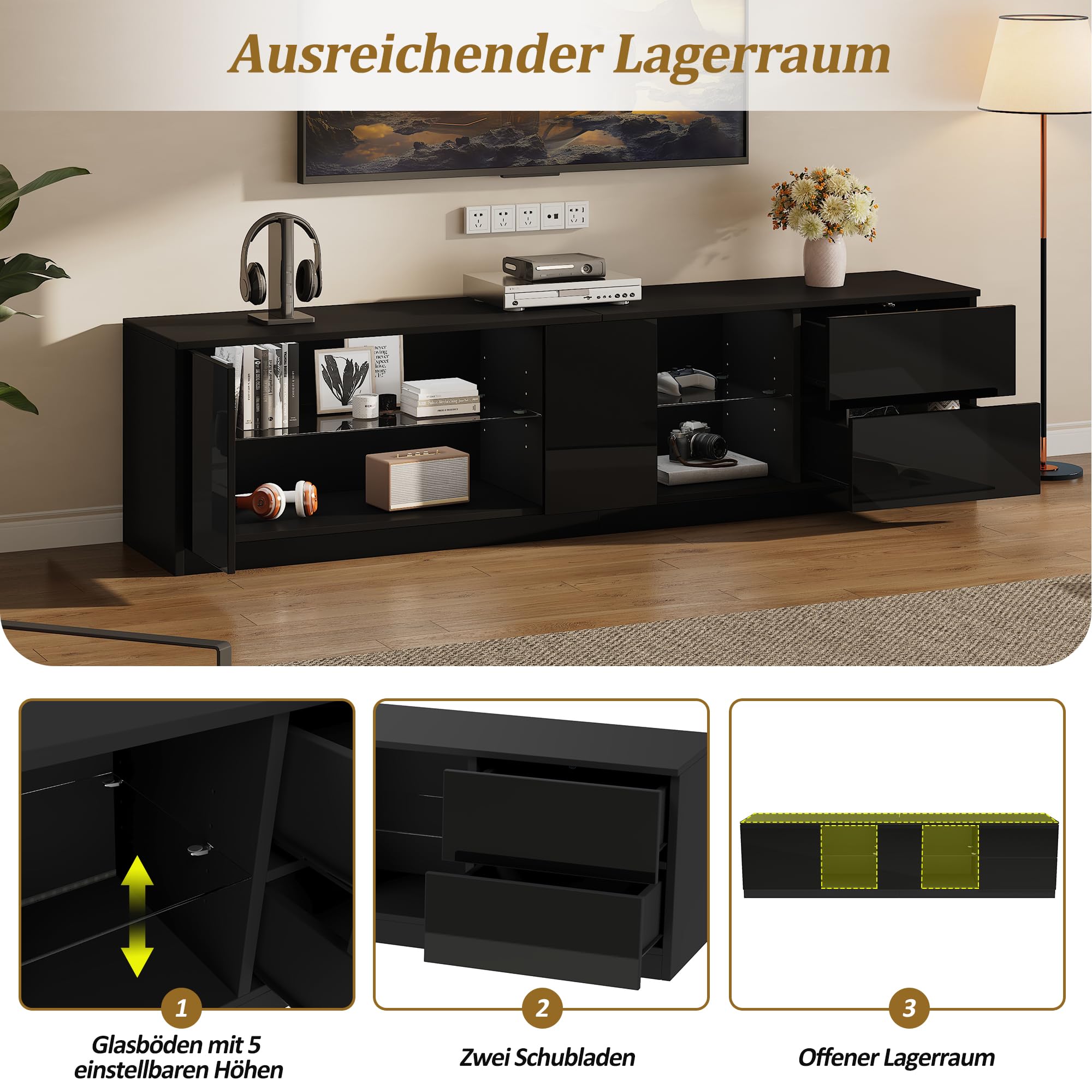 Mueble bajo de TV de 160 cm con puertas y cajones, armario de TV con iluminación LED, soporte de TV, armario para sala de estar, TV para televisor de 65 pulgadas, color negro