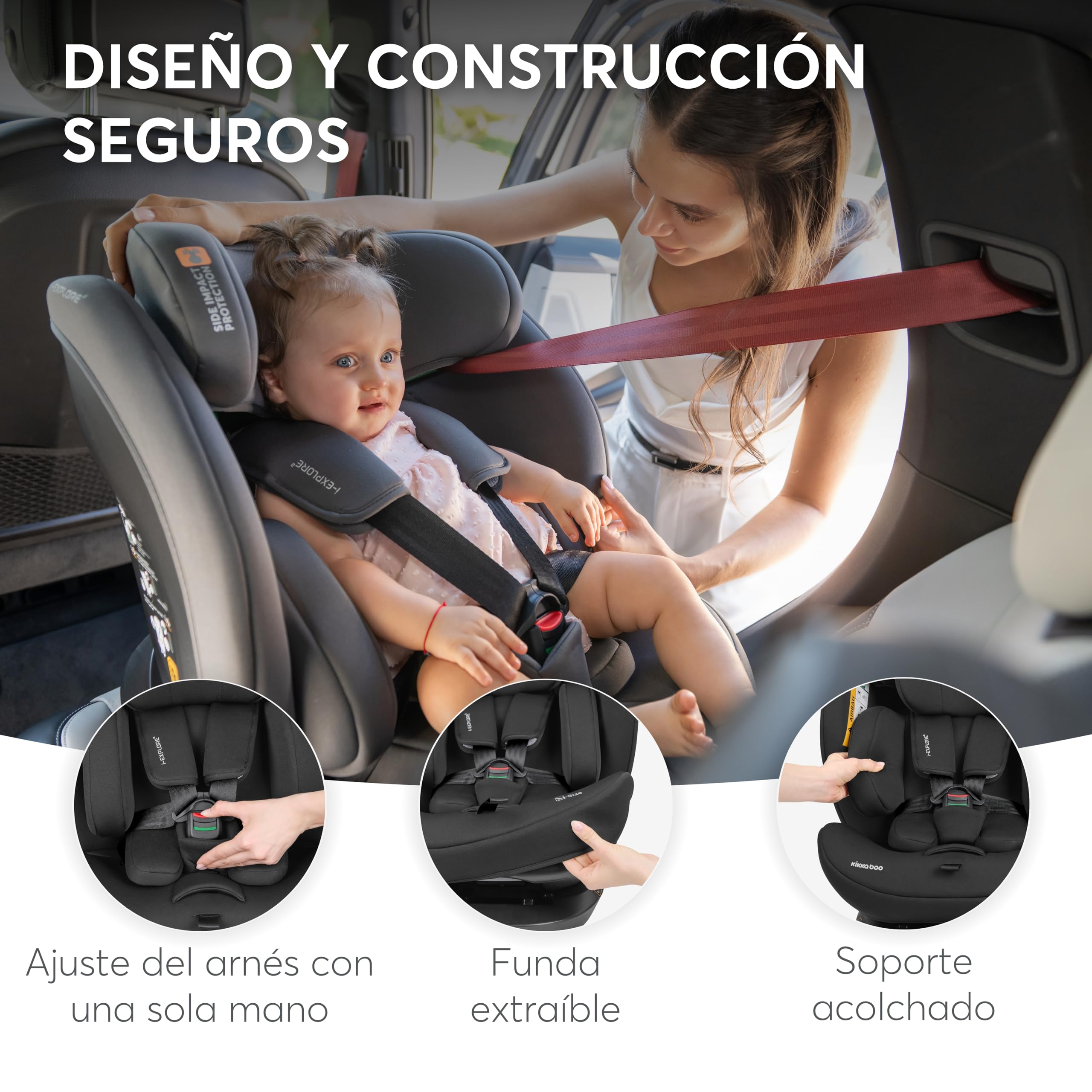 KikkaBoo Silla Coche Bebé sin ISOFIX i-EXPLORE 2, Grupo 0 1 2 3, i-Size 40-150 cm, Reclinable, 0-12 Años, Reposacabezas 14 Posiciones, Cojín y Arnés 5 Puntos, Grey - 4