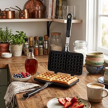 Double Waffle Baking Pan, Aluminum Stovetop Waffle Maker with Even Heating, Non Stick Coating, Compact Design, Multifunctional Use for Breakfast Delicacies, 8.3x13.0x1.2in