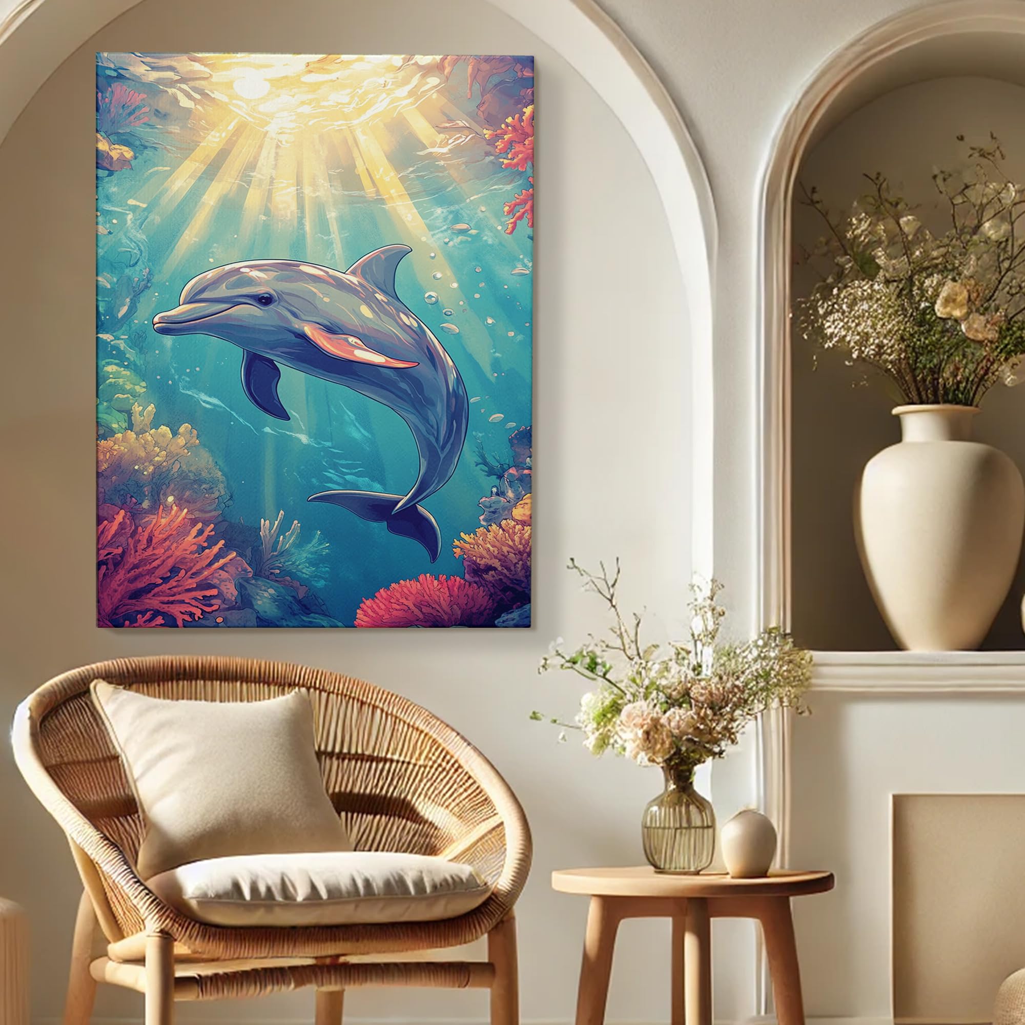 プリントw/フレーム【Colorfornia beautiful ocean】 Dolphin Canvas Wall Art, Blue Ocean Marine Life Prints, Aquatic