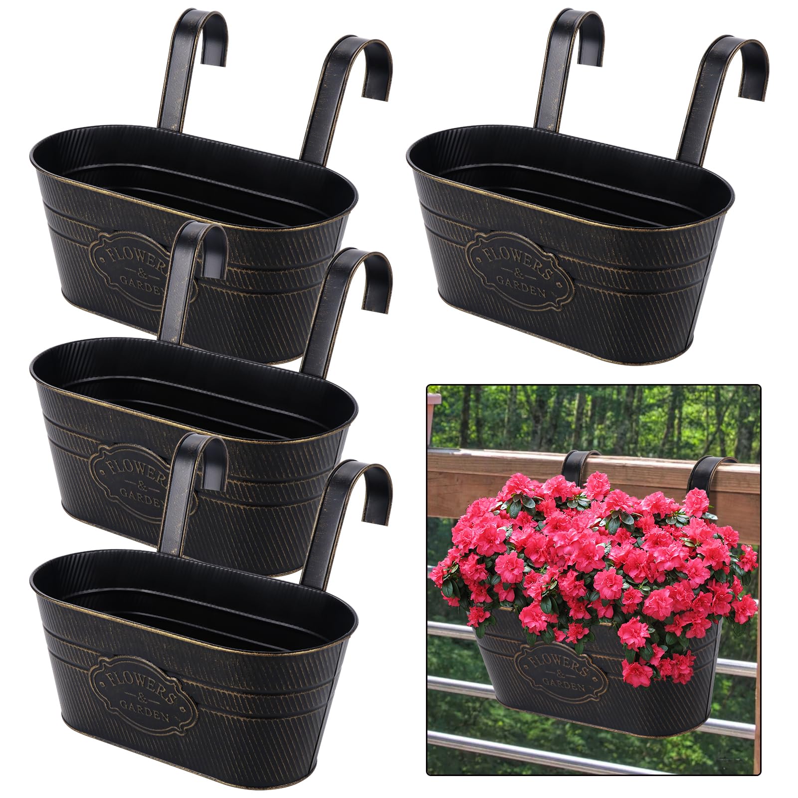 Lot de 4 Jardinières Suspendues Métal avec Crochets Amovibles pour Plantes Balcon Jardin