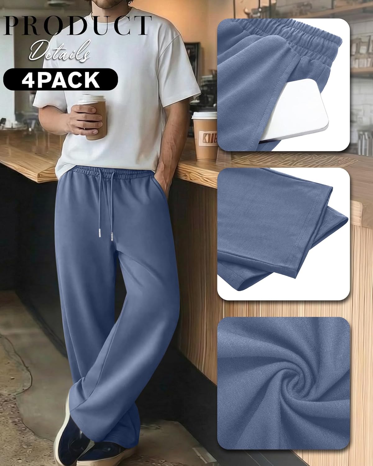 4 Pack Men's Big and Tall Sweatpant Thin Athletic Workout Jogger Open Bottom Baggy Drawstring Pants with Pockets - Image 5