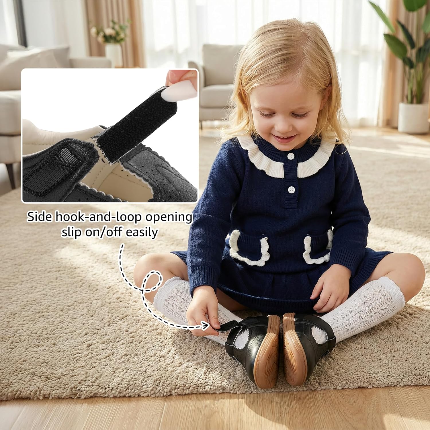 STQ Wide Toe Box Toddler Mary Jane Dress Shoes Zero Drop Girls Ballet Flats for Party School Uniform Shoe with Hook and Loops - Image 5