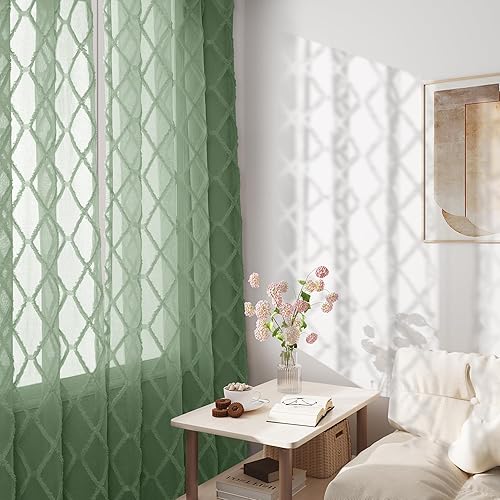 Miniatura 5 de Hokibero Cortinas verdes de 84 pulgadas de largo para sala de estar, juego de 2 paneles de cortinas con pestaña trasera, cortinas traslúcidas