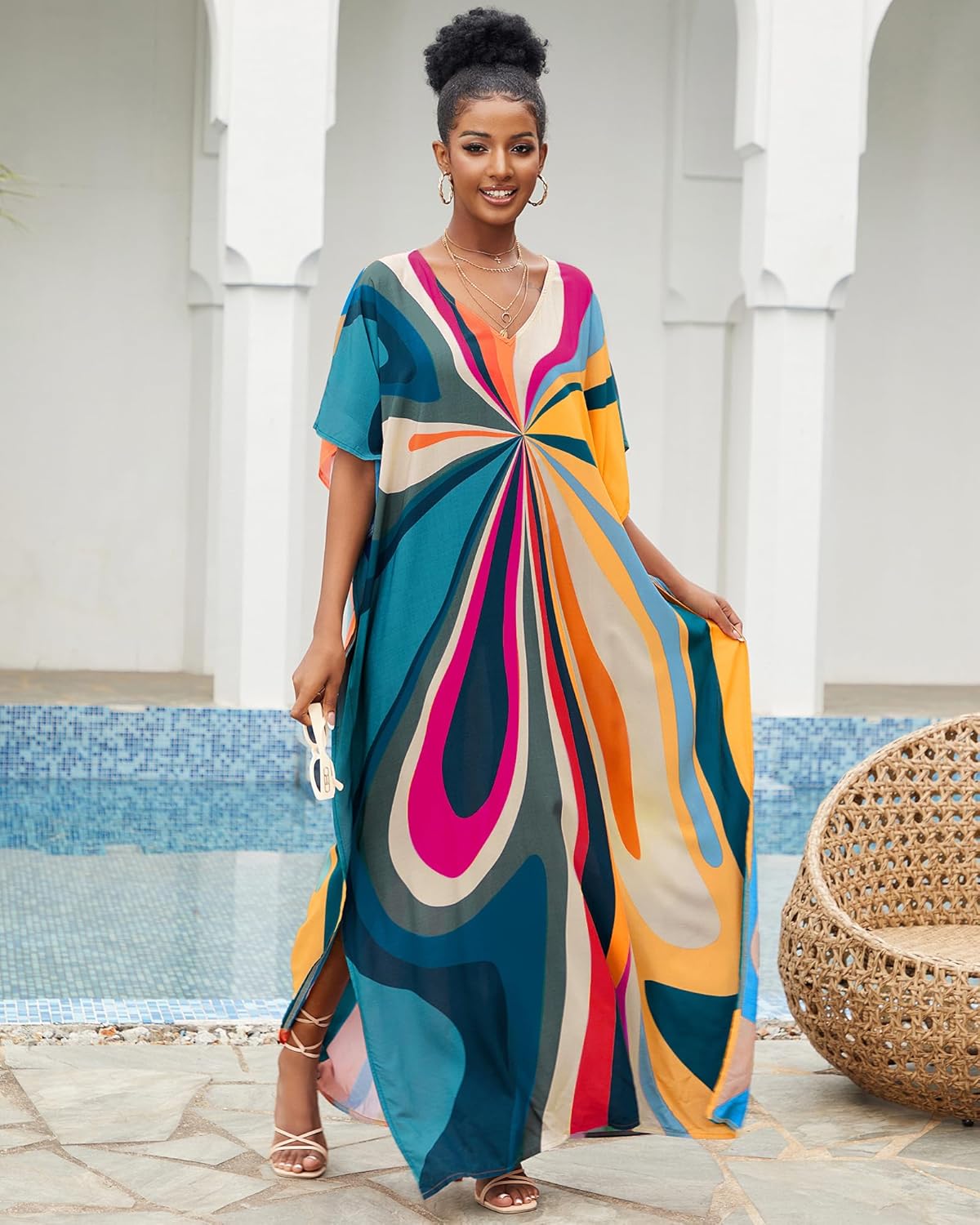Bsubseach Kaftan Dresses for Women V Neck Batwing Sleeve Plus Size Caftans Swimwear Coverups Maxi Beach Dresses - Image 9