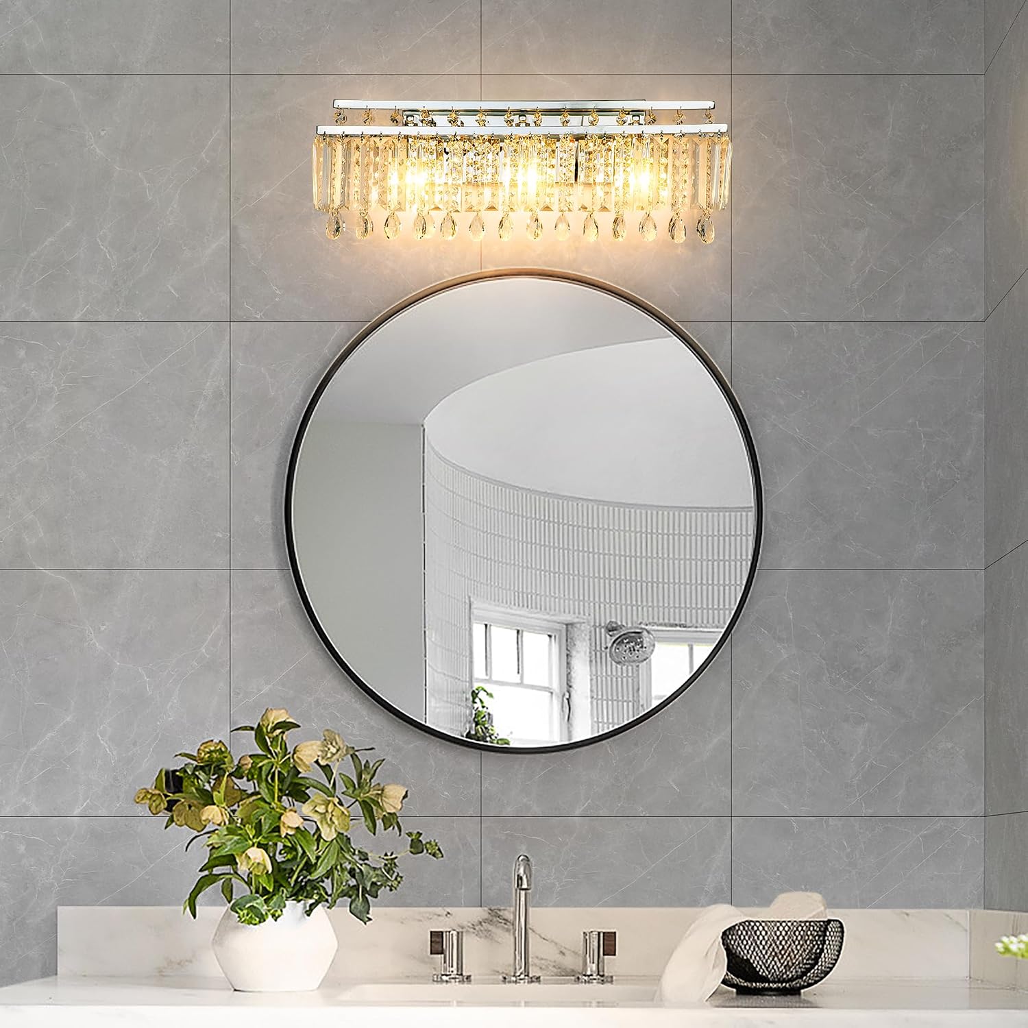Maxax Modern Crystal Wall Sconces, 3-Light Vanity Light Fixtures Over Mirror, Chrome Indoor Wall Lamp with E12 Socket, Wall Lighting for Bathroom, Living Room