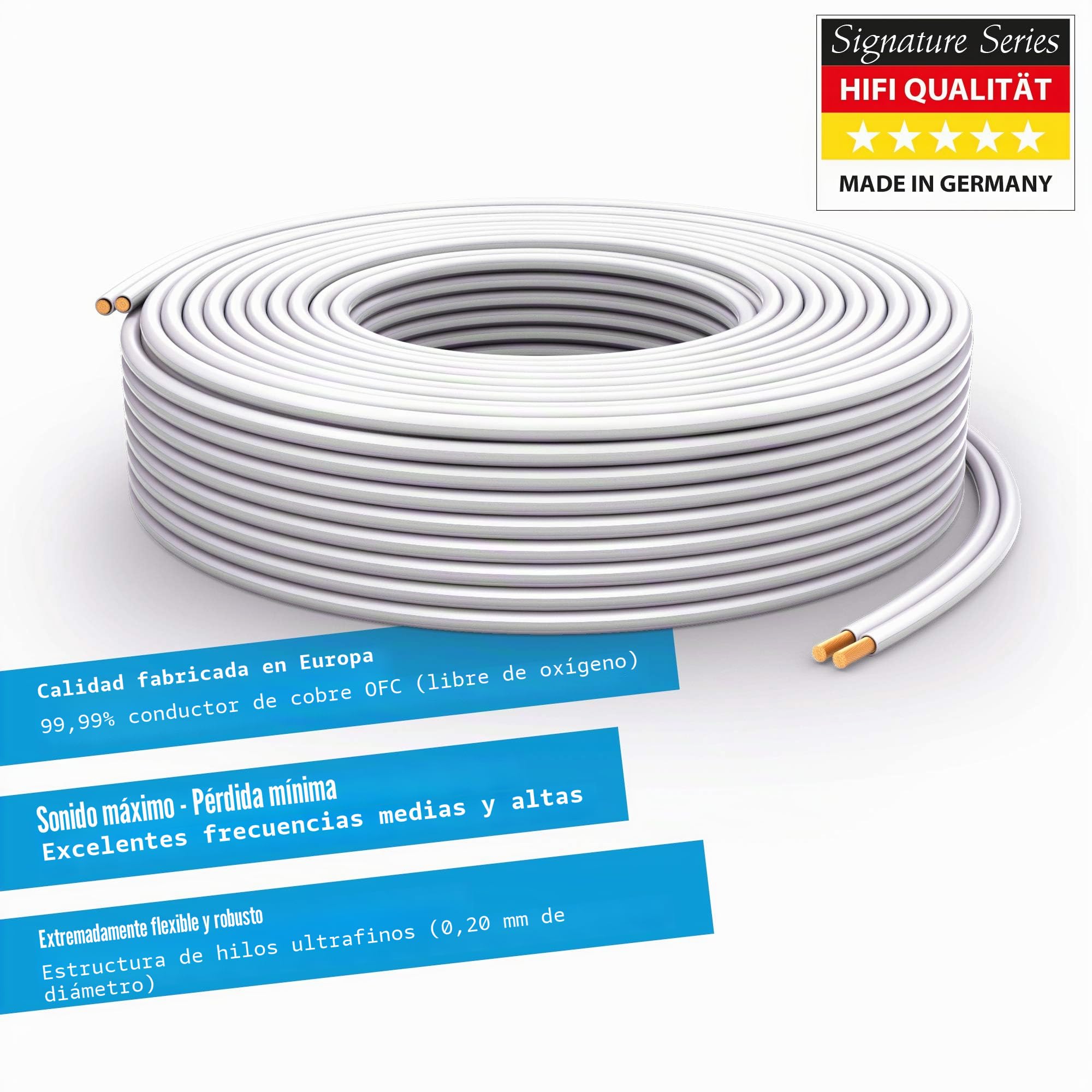 PureLink cable de altavoz cable de altavoz OFC 2x4,00mm² 0,20mm, 30,0m, cable de cobre puro para recintos de alta fidelidad subwoofers, cable de audio con etiquetado de polaridad, blanco