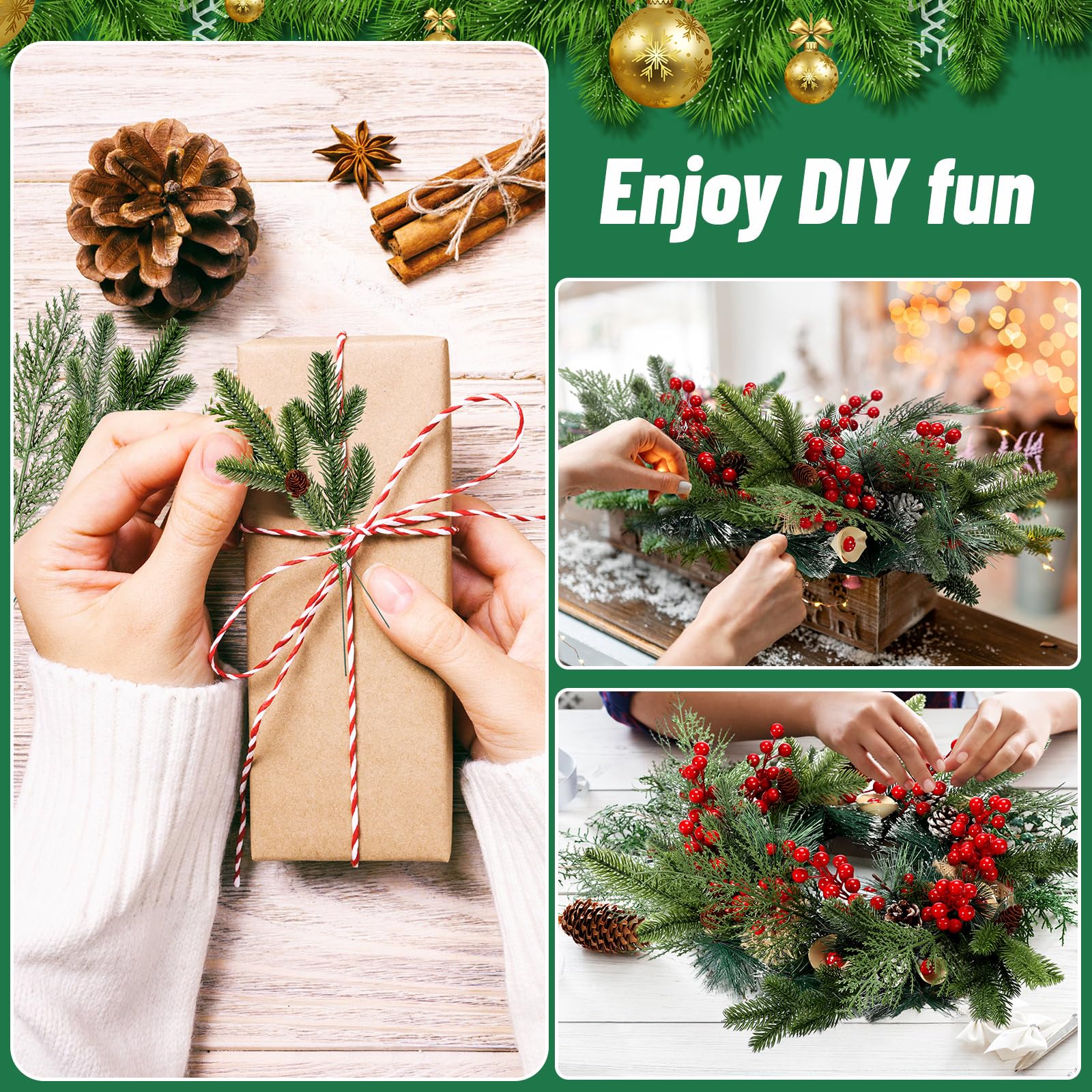 200 agujas de pino artificiales de Navidad, ramas, guirnaldas, tallos de bayas rojas, púas de pino con piña artificial con bayas rojas y piñas naturales para coronas de bricolaje