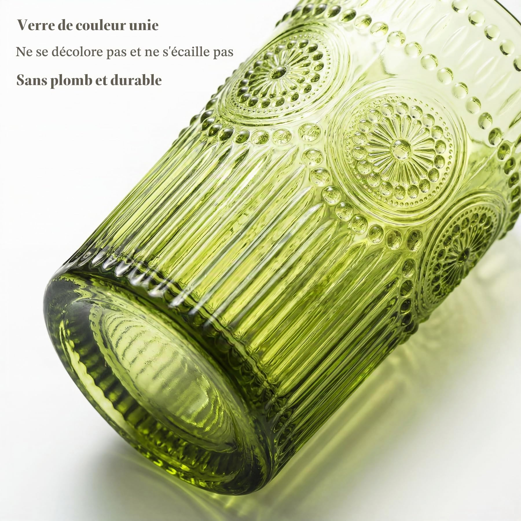 Kingrol Lot de 6 verres à eau vintage de 350 ml en relief romantique pour jus, boissons, bière, cocktails (vert)
