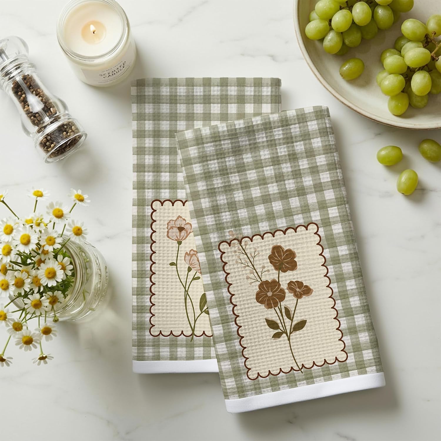 2 Pack Vintage Green Checkered Hand Towels for Bathroom - Vintage Floral Waffle Bath Hand Towel Decorative for Kitchen Dish Towels, Retro Floral Kitchen Bathroom Decor for Spring Summer