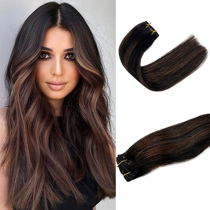 Munx 20Inch Remy Clip in Hair Extensions Black with Brown