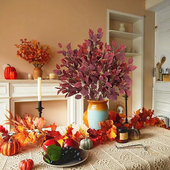 Artificial Fall Birch Leaves Stem - 6 Pcs Faux Autumn Greenery Long Stems 33.4 Tall Fake Plants with Branches Decorations for Thanksgiving Wedding Centerpieces Home Table Decor Floral Arrangements