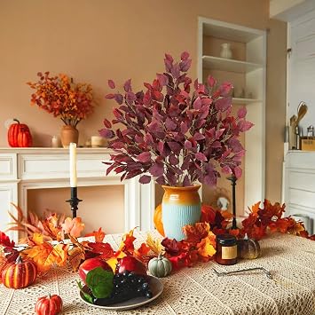Artificial Fall Birch Leaves Stem - 6 Pcs Faux Autumn Greenery Long Stems 33.4 Tall Fake Plants with Branches Decorations for Thanksgiving Wedding Centerpieces Home Table Decor Floral Arrangements
