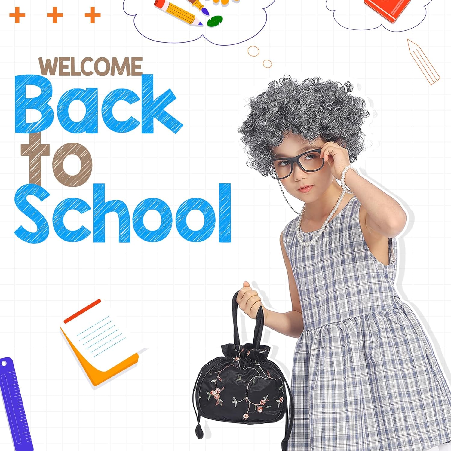 100 Days of School Costume for Girls Old Lady Costume for Kids Grandma Wig Glasses Chain Necklace Bracelet Grandma Dress up Cosplay Accessories Set (Black) - Image 7