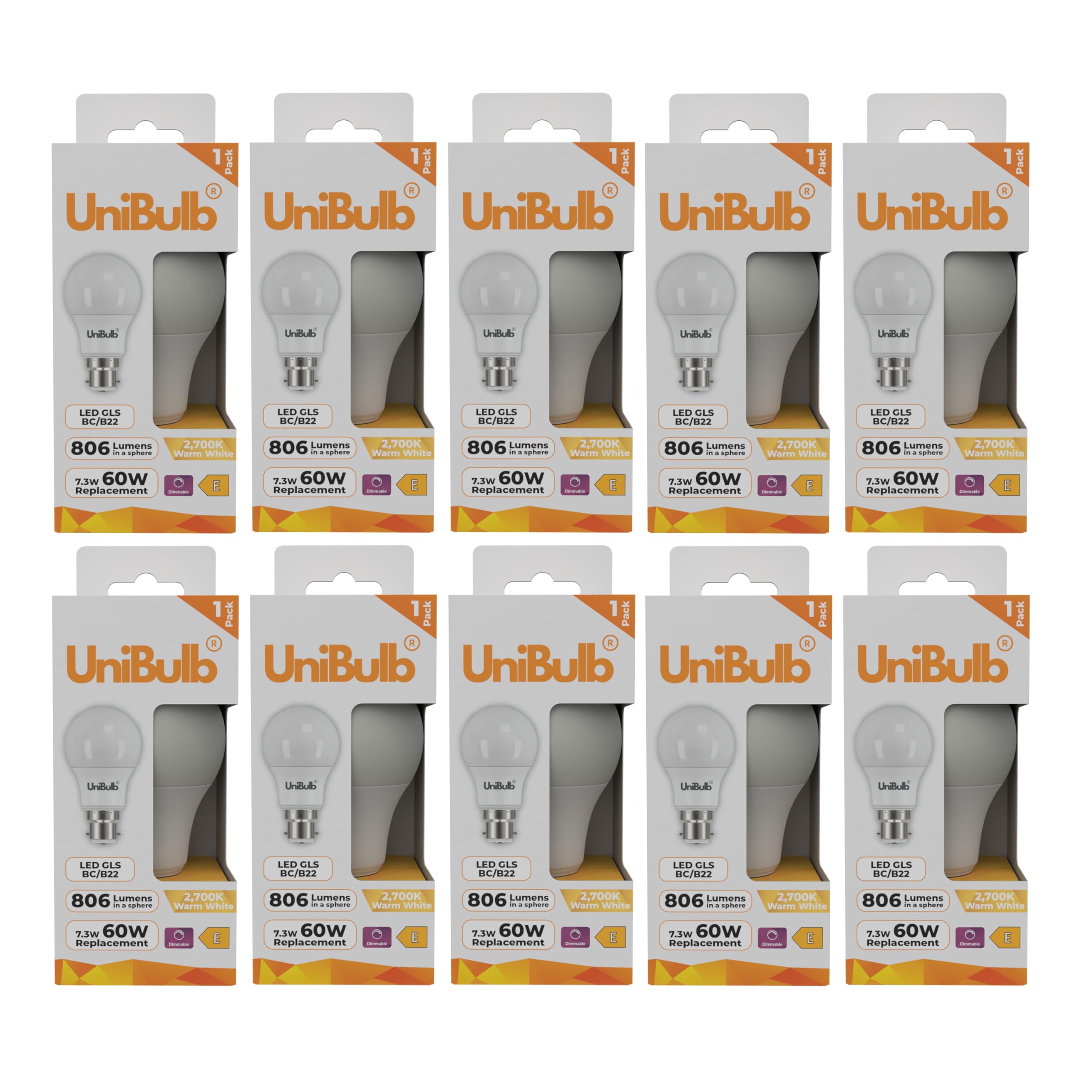 Unibulb BC / B22 / Bayonet LED Light Bulb, GLS, 7.3W, 806 Lumens, 2700K Warm White, Replaces 60W, 25yr Lifespan, Dimmable (10) — image 1