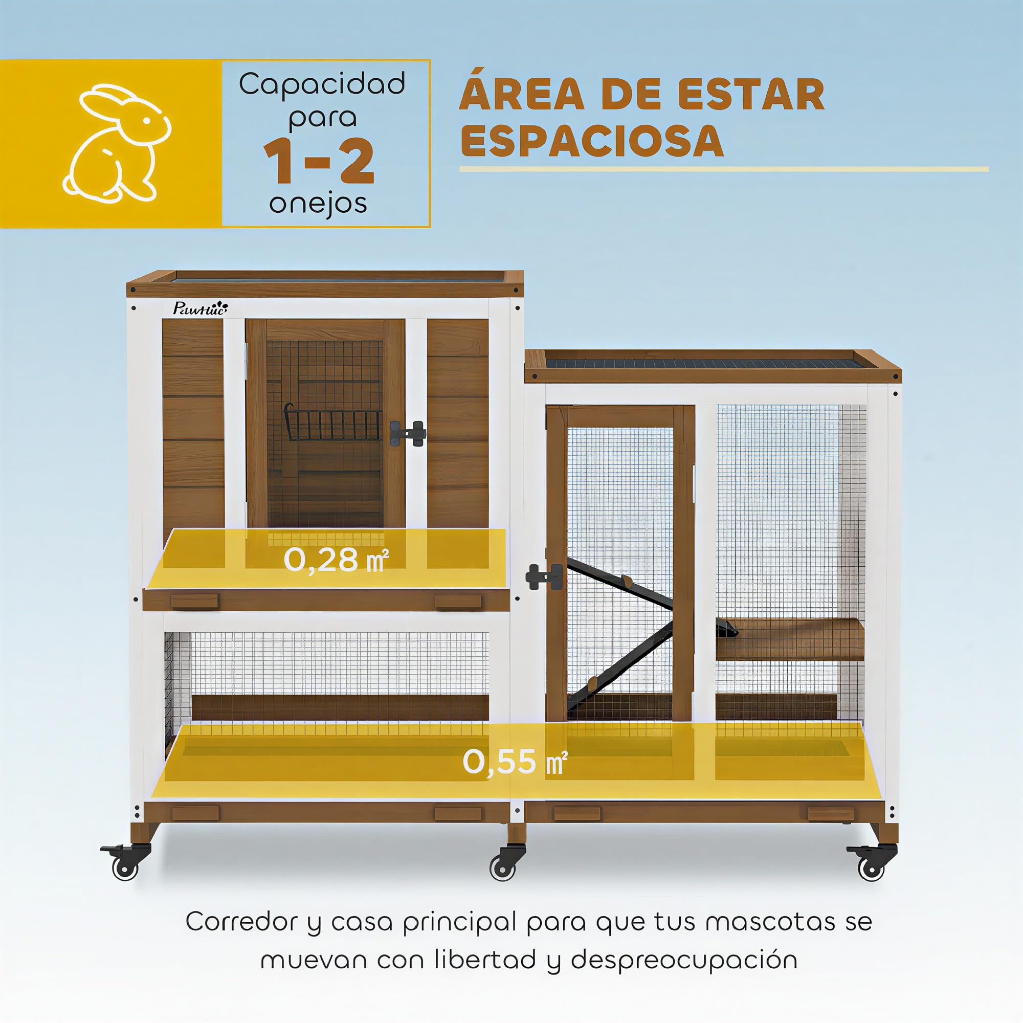 PawHut Conejera de Madera de 2 Niveles Jaula para Conejos con 6 Ruedas 2 Escaleras 3 Bandejas Extraíbles Puertas con Cerraduras y Zona Abierta Conejera para Interior 110x50x86 cm Marrón
