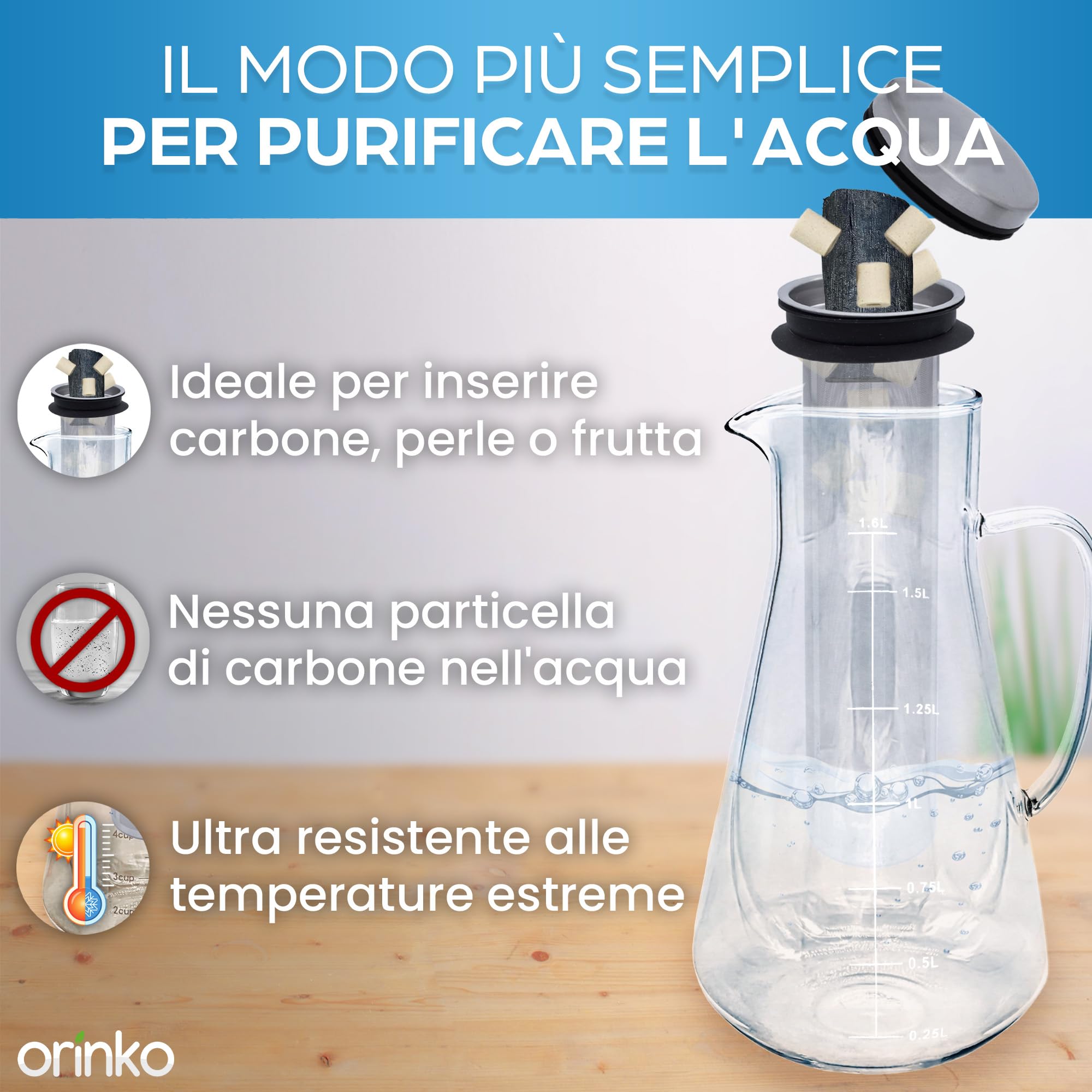 ORINKO® Caraffa Filtrante 1,6L in Vetro con Carbone Attivo x1 e Perle Ceramica EM x15 - Kit Filtro Acqua con Filtro Inox - Acqua Pura, Gusto Neutro e Cucina Sostenibile Zero Plastica
