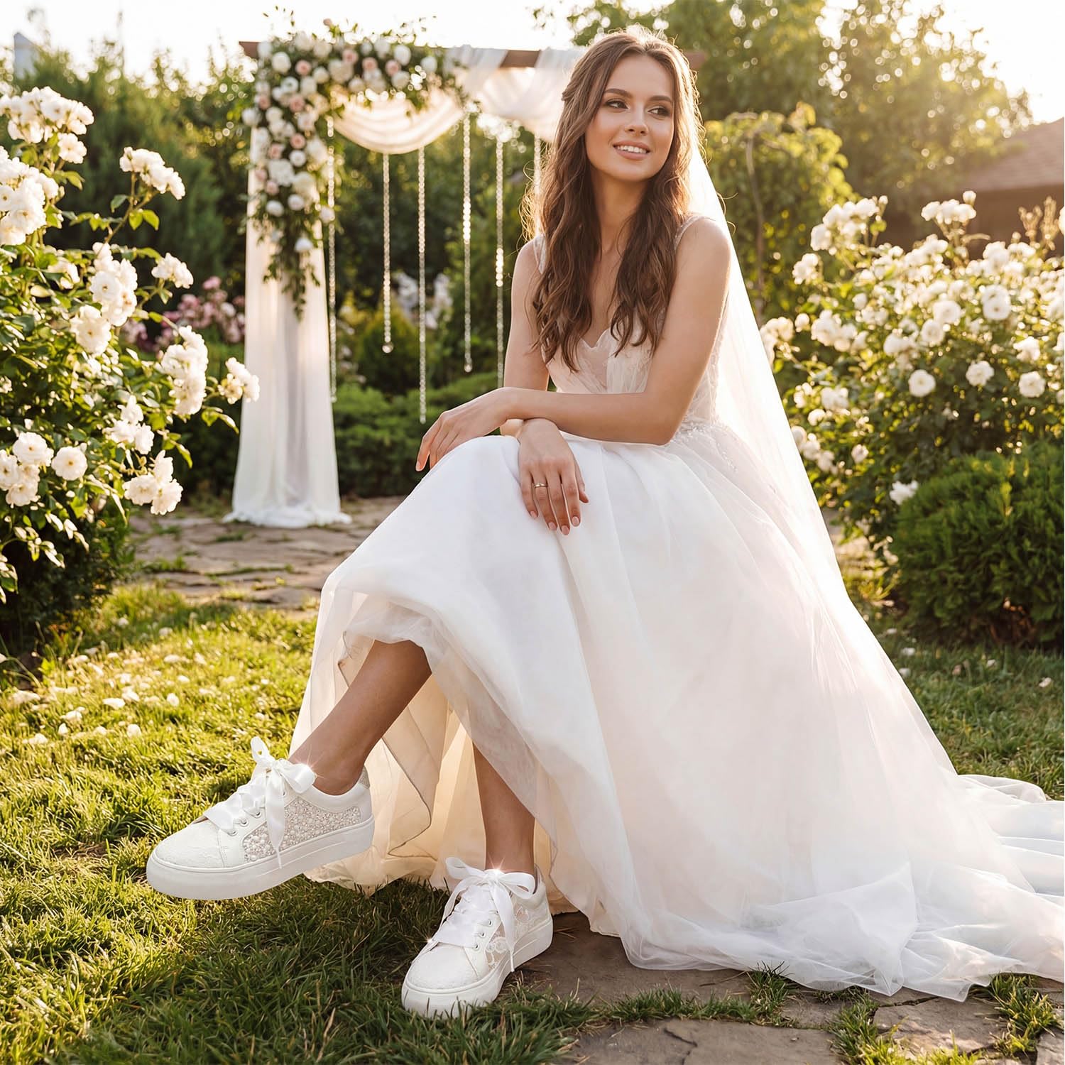 Elivandon 9993 Chaussures de Mariage Dentelle Sneakers de Mariée Plateforme 3,7cm Chaussures de Tennis Mariée Strass Étincelants Sneakers Nuptiales
